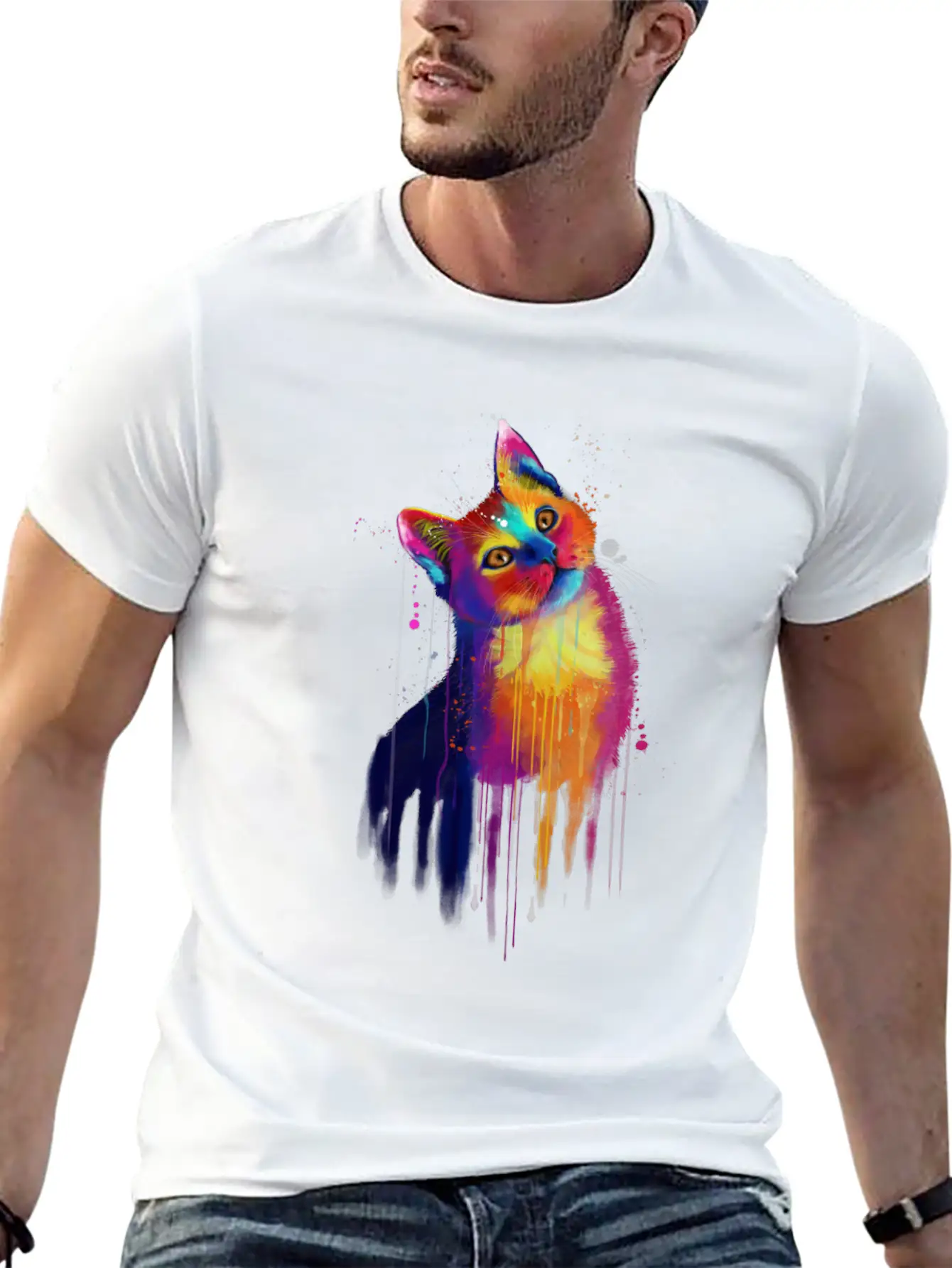 Rainbow Kitty Painting Lightweight Cotton T-Shirt – Daily Comfort Graphic Shirt