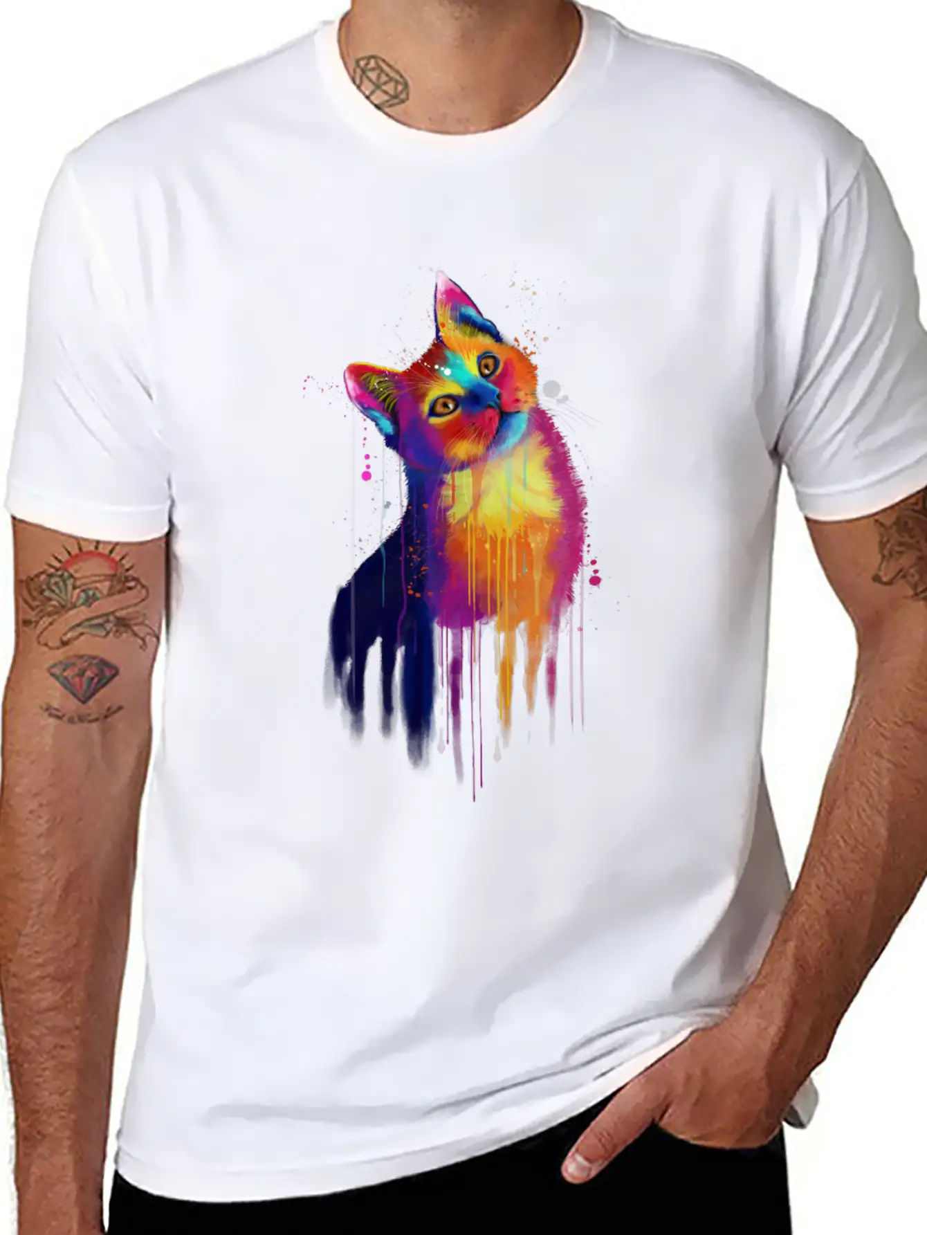 Rainbow Kitty Painting Lightweight Cotton T-Shirt – Daily Comfort Graphic Shirt