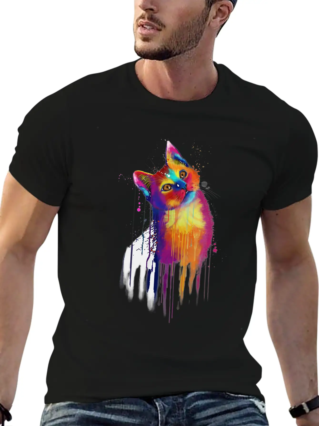 Rainbow Kitty Painting Lightweight Cotton T-Shirt – Daily Comfort Graphic Shirt