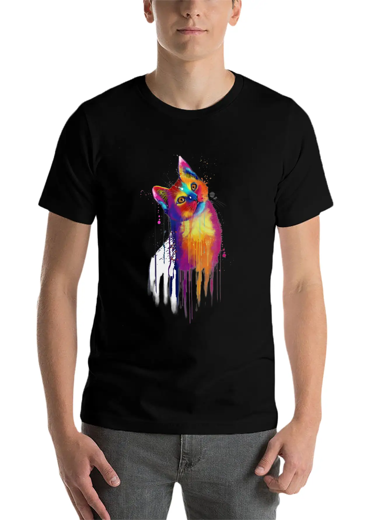 Rainbow Kitty Painting Lightweight Cotton T-Shirt – Daily Comfort Graphic Shirt