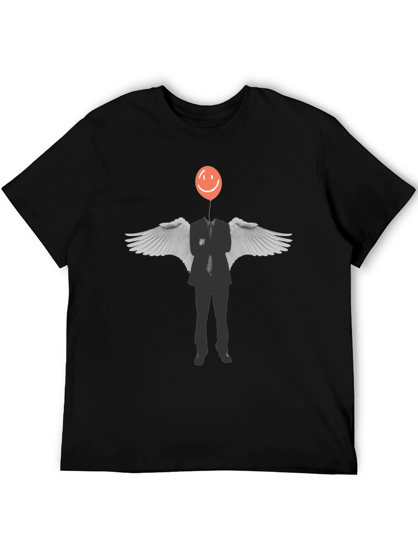 Surreal Balloon Head Angel Wings Graphic Tee - Black
