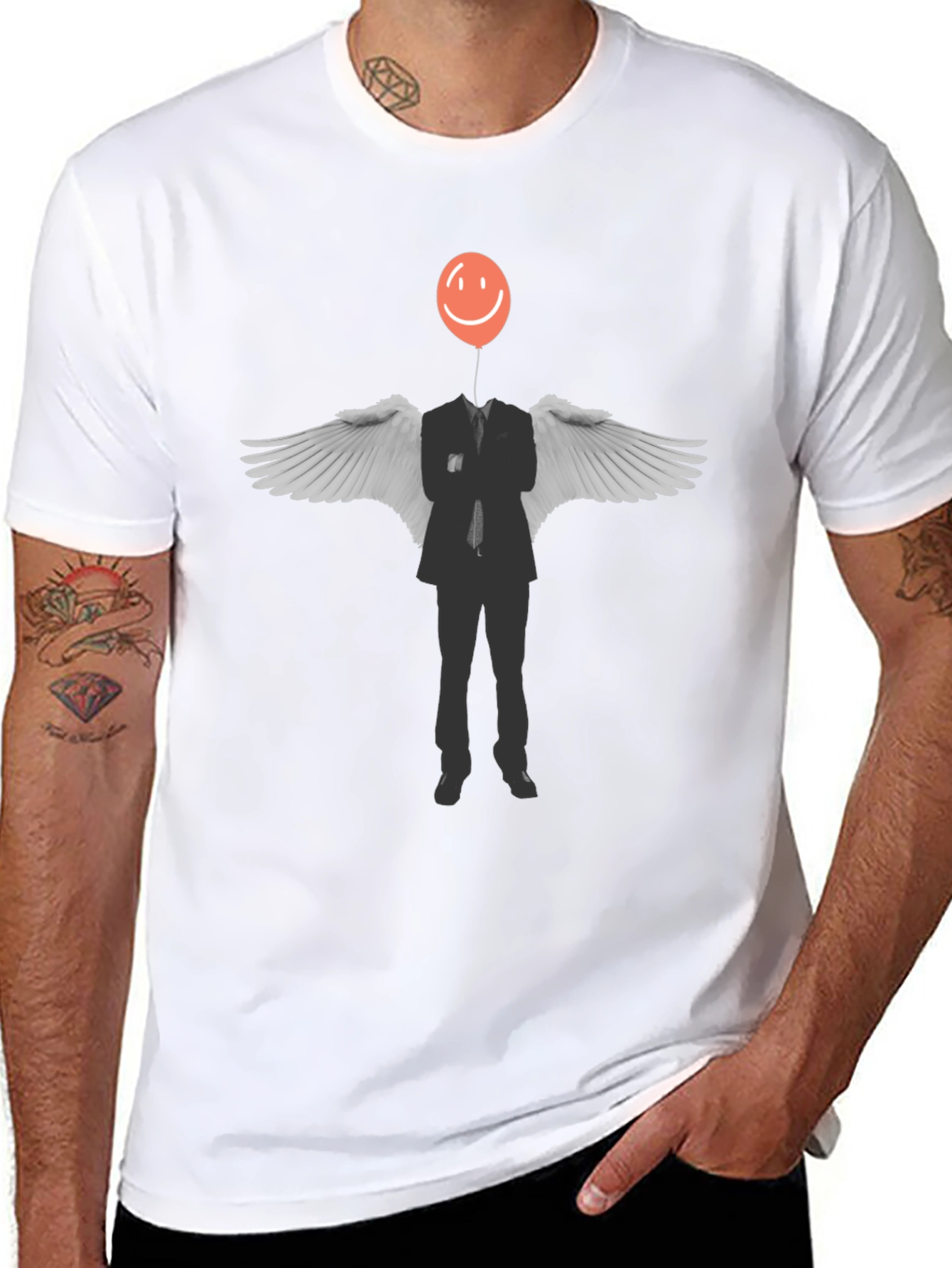 Surreal Balloon Head Angel Wings Graphic Tee - Black