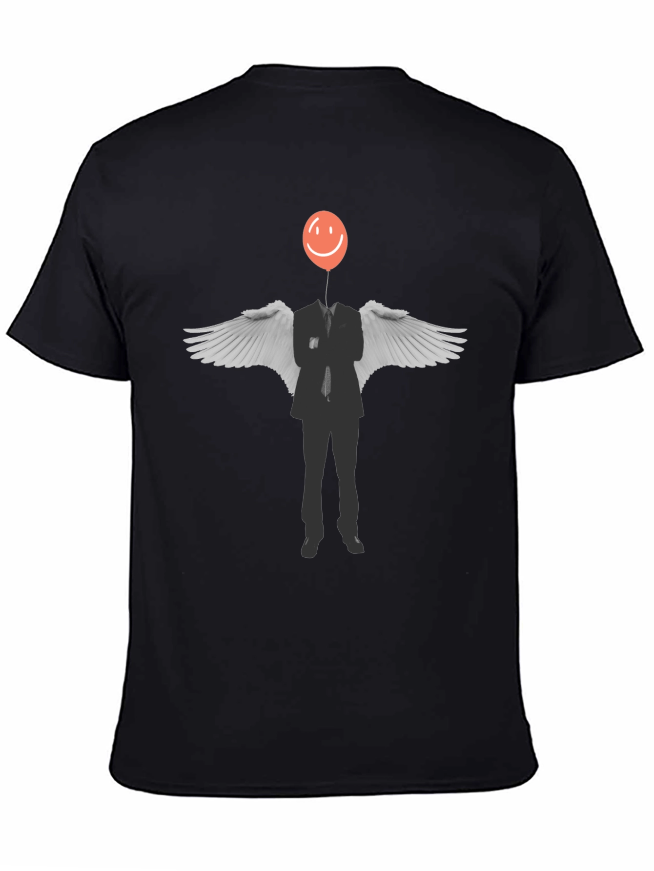Surreal Balloon Head Angel Wings Graphic Tee - Black
