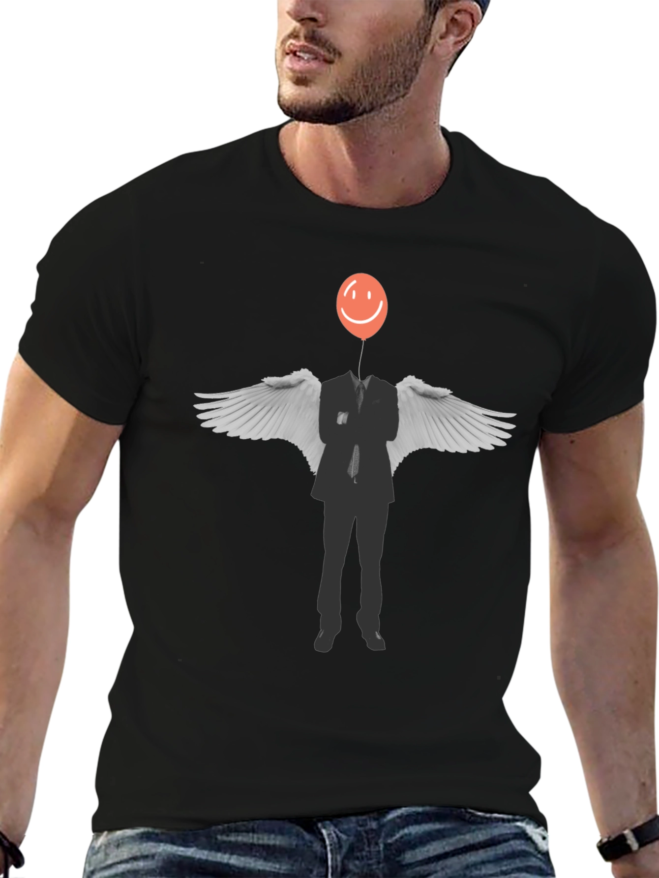 Surreal Balloon Head Angel Wings Graphic Tee - Black