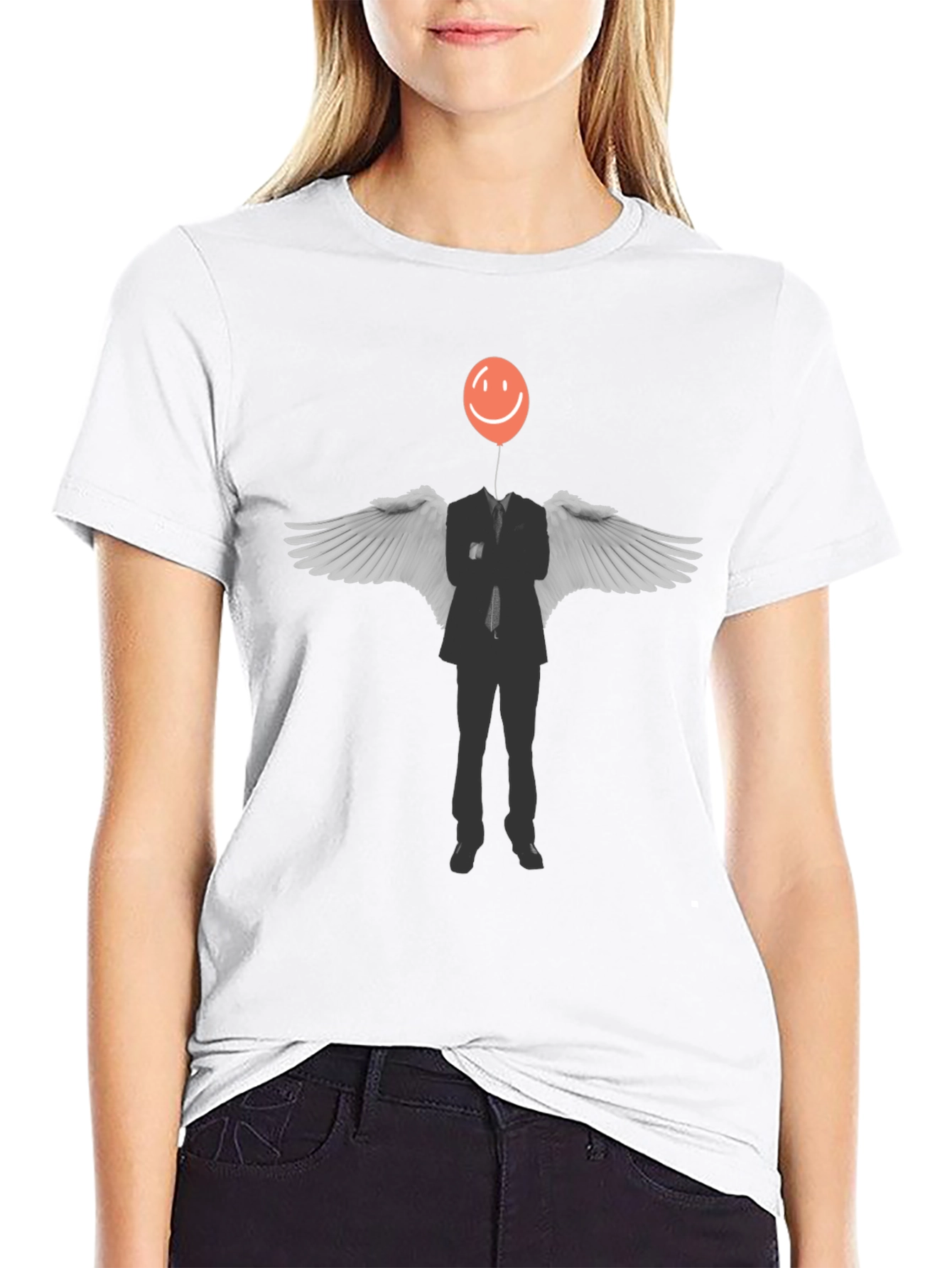 Surreal Balloon Head Angel Wings Graphic Tee - Black