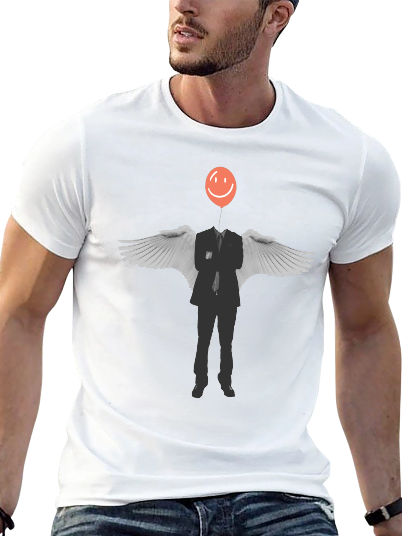 Surreal Balloon Head Angel Wings Graphic Tee - Black
