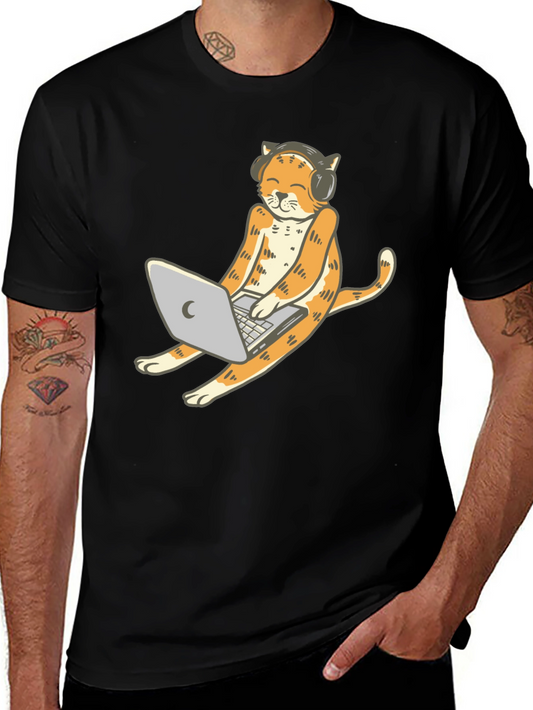 Cat Lover T-Shirt: Working Cat with Laptop & Headphones