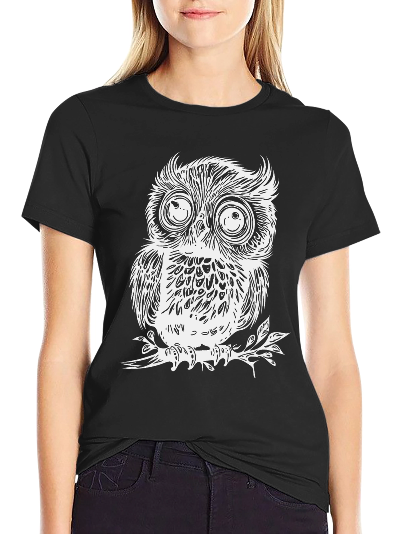 Whimsical Owl Graphic Tee - Black Cotton T-Shirt