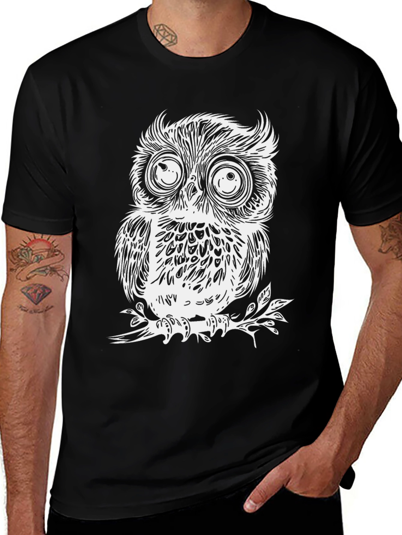Whimsical Owl Graphic Tee - Black Cotton T-Shirt
