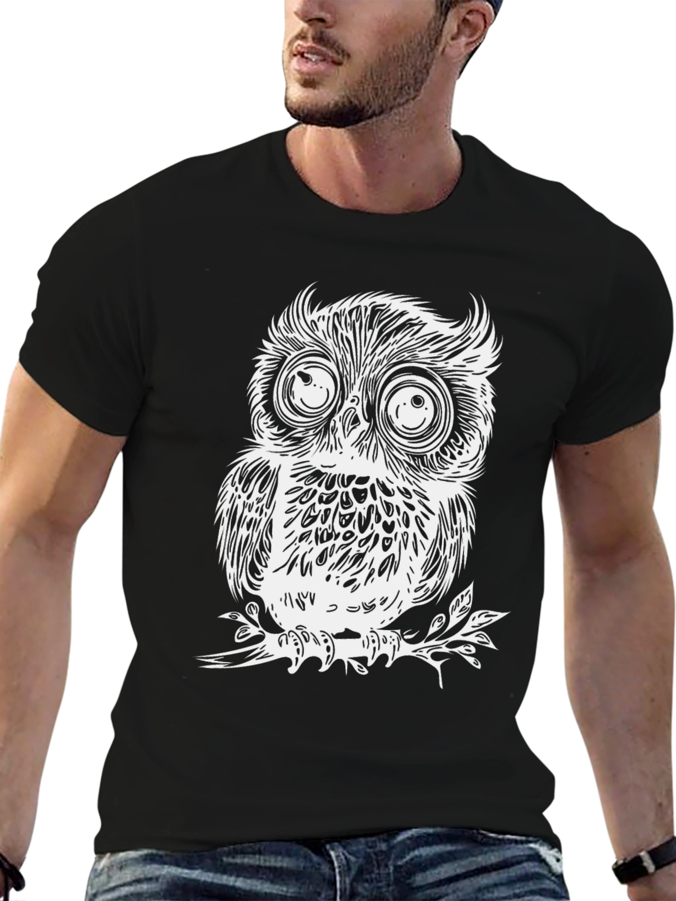 Whimsical Owl Graphic Tee - Black Cotton T-Shirt