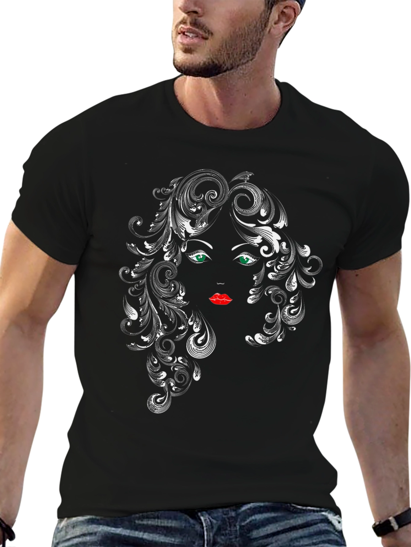 Stylish Black T-Shirt with Artistic Woman Face Graphic