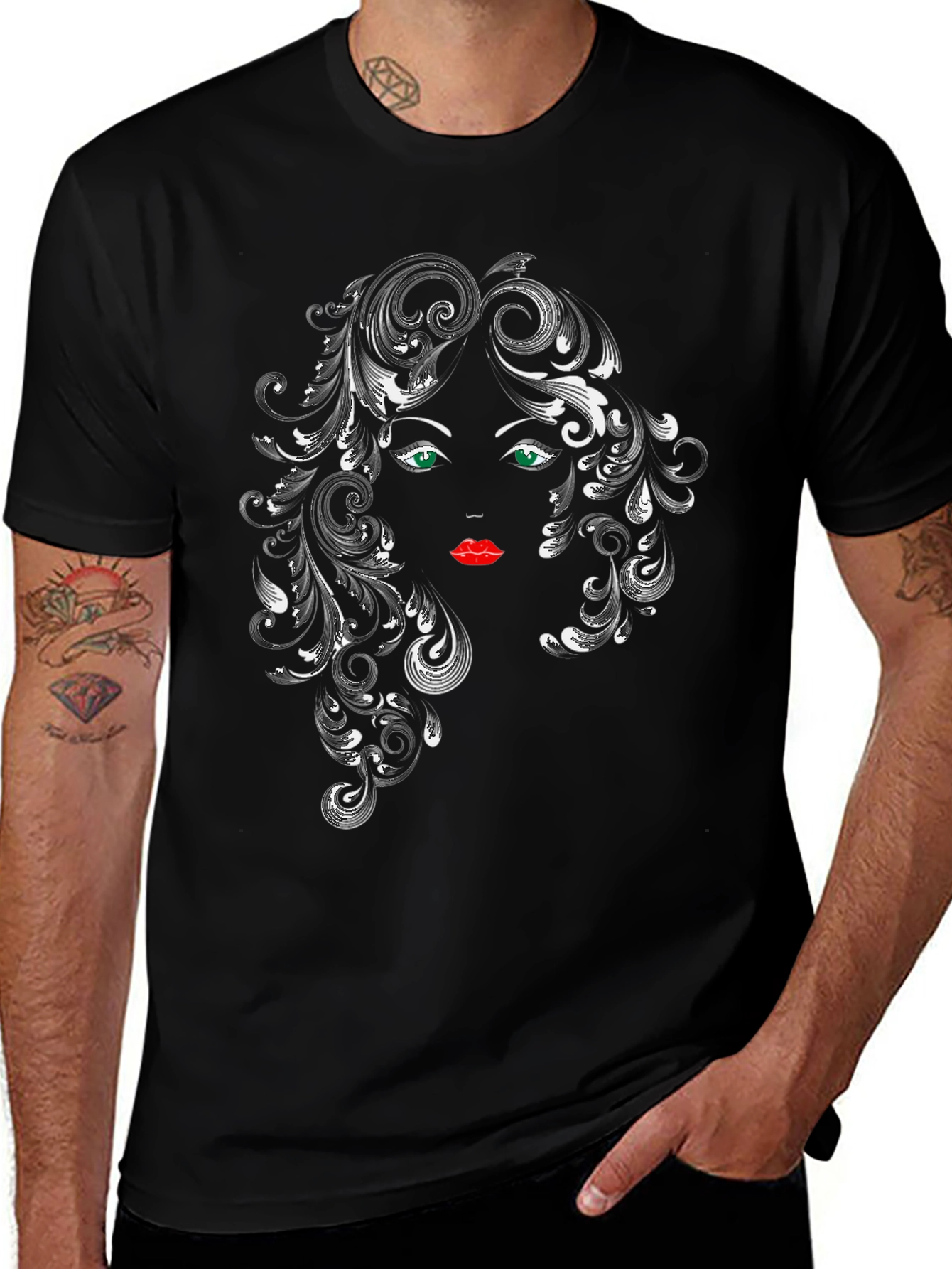 Stylish Black T-Shirt with Artistic Woman Face Graphic