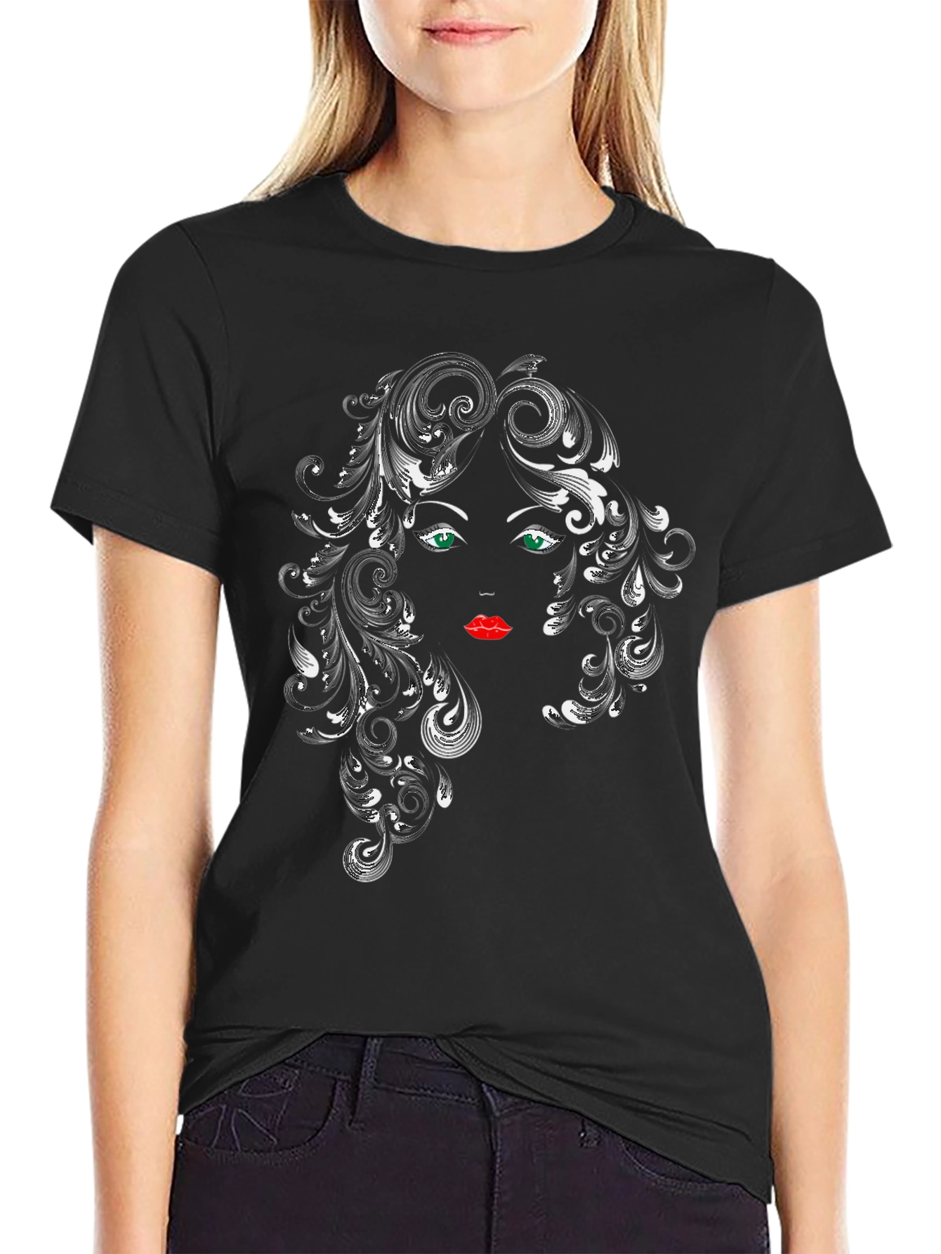 Stylish Black T-Shirt with Artistic Woman Face Graphic
