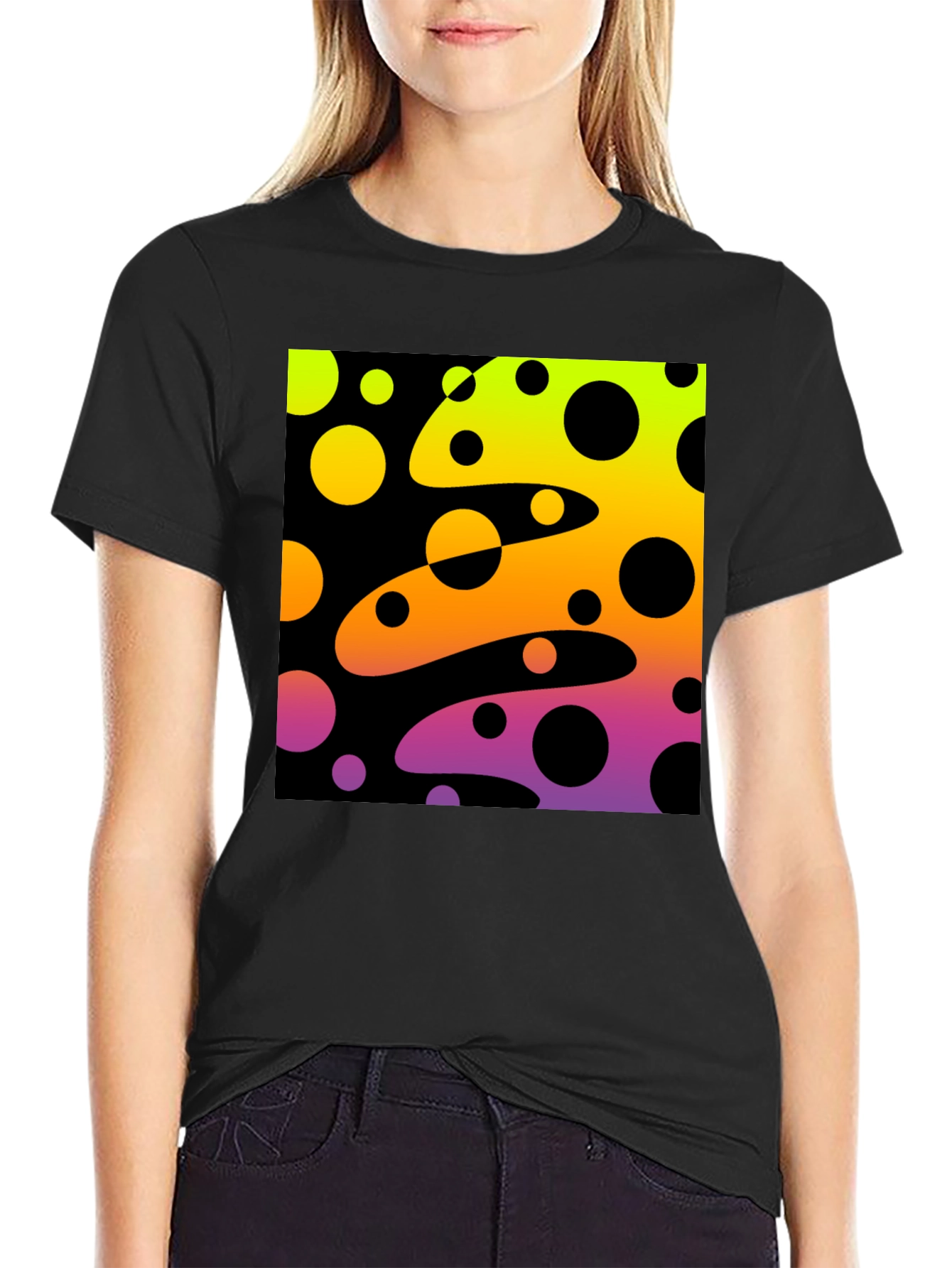 Vibrant Black T-Shirt with Abstract Retro Circle Design