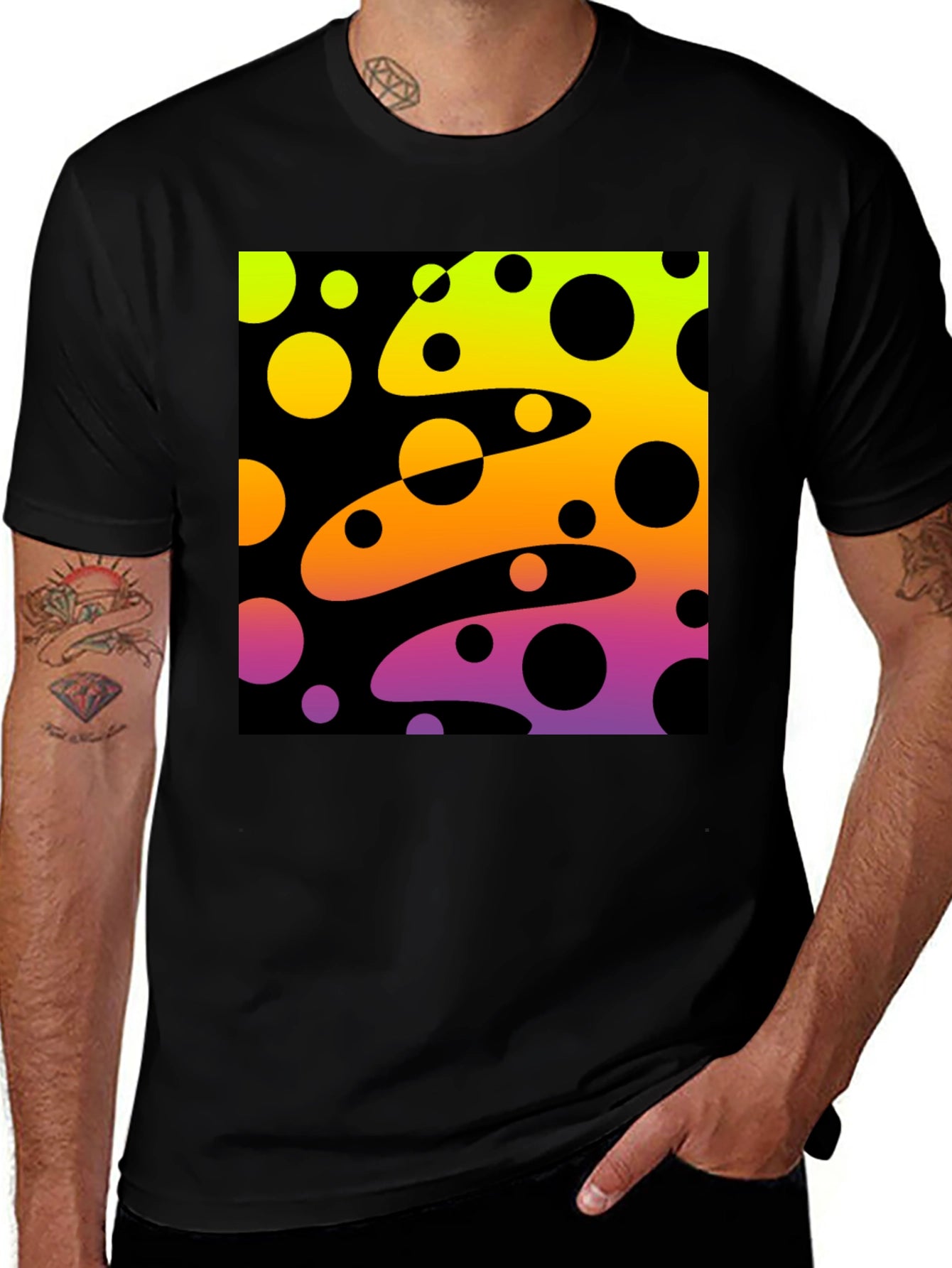Vibrant Black T-Shirt with Abstract Retro Circle Design
