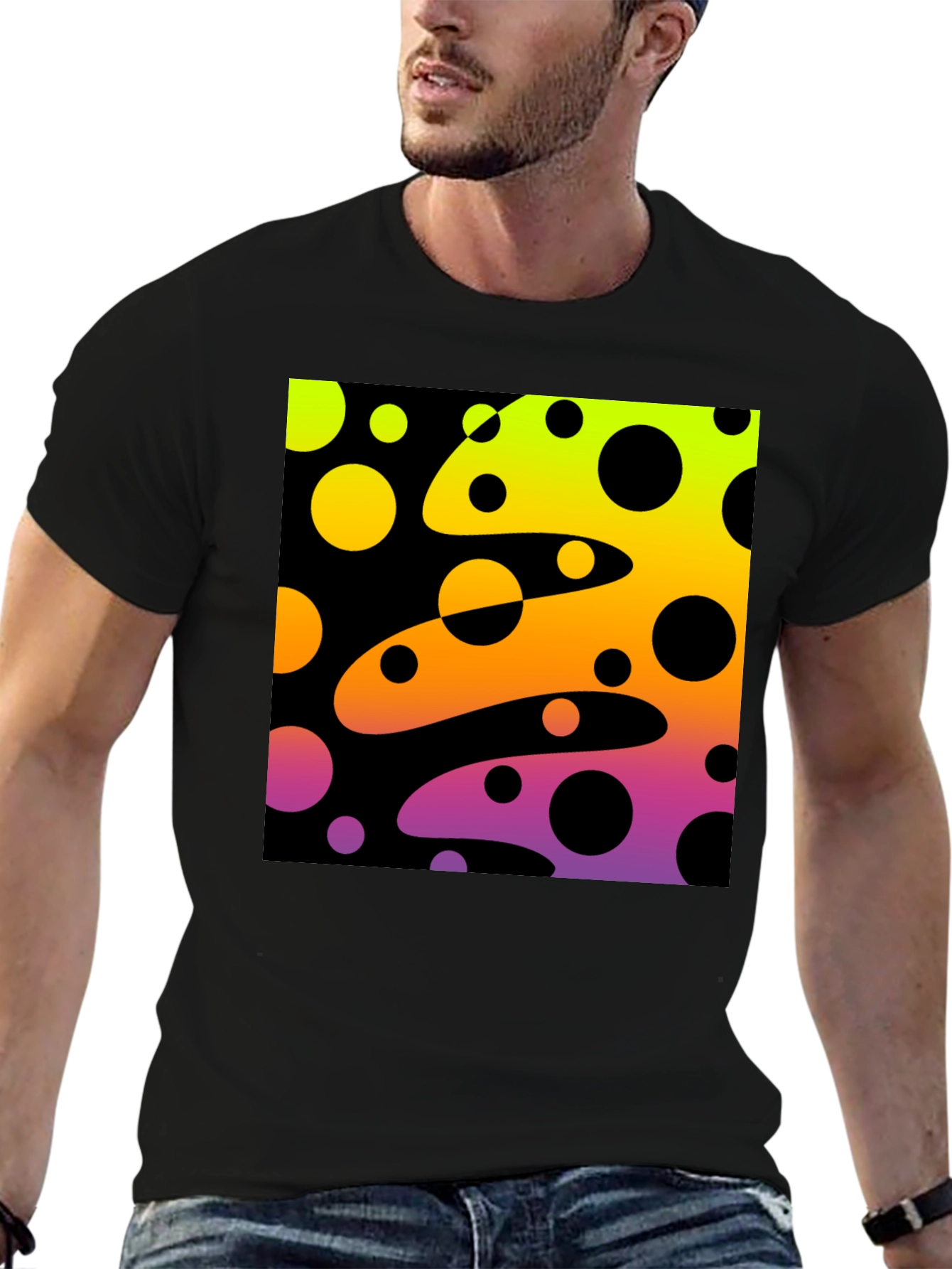 Vibrant Black T-Shirt with Abstract Retro Circle Design