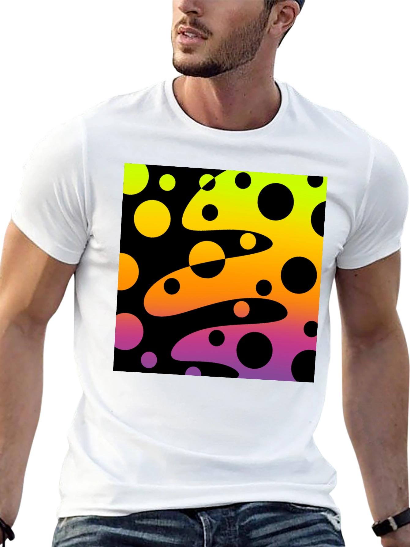 Vibrant Black T-Shirt with Abstract Retro Circle Design