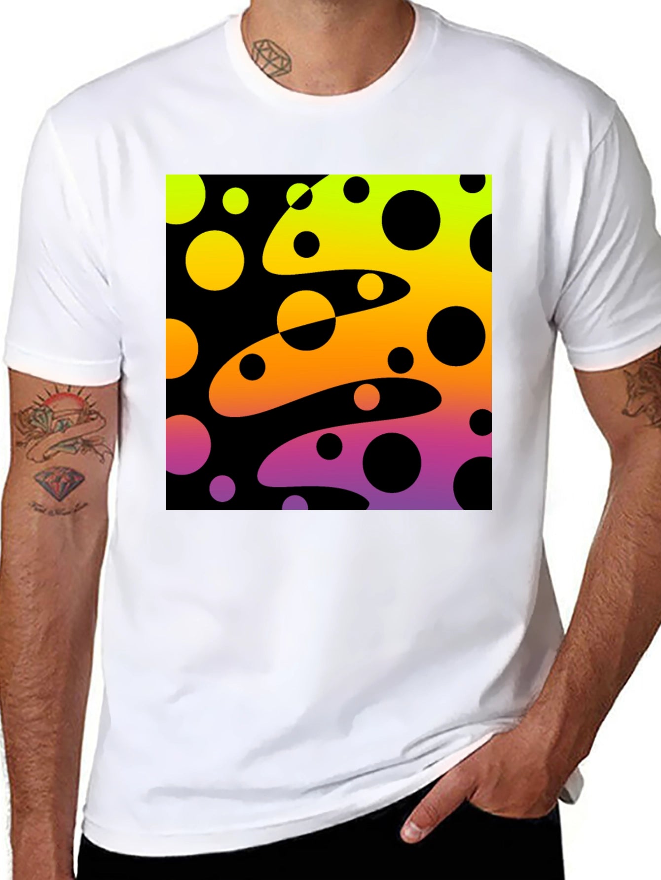 Vibrant Black T-Shirt with Abstract Retro Circle Design