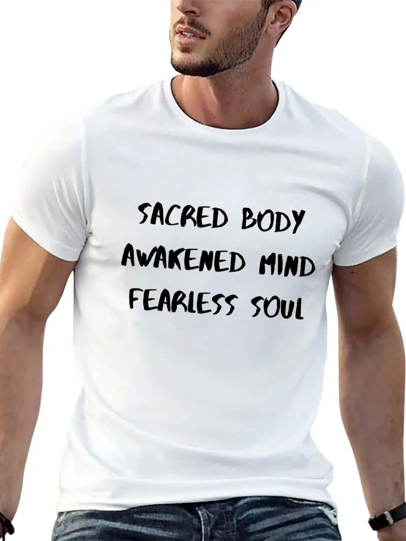 SacredBodyAwakenedMindFearlessSoul Lightweight Cotton T-Shirt – Daily Comfort Graphic Shirt