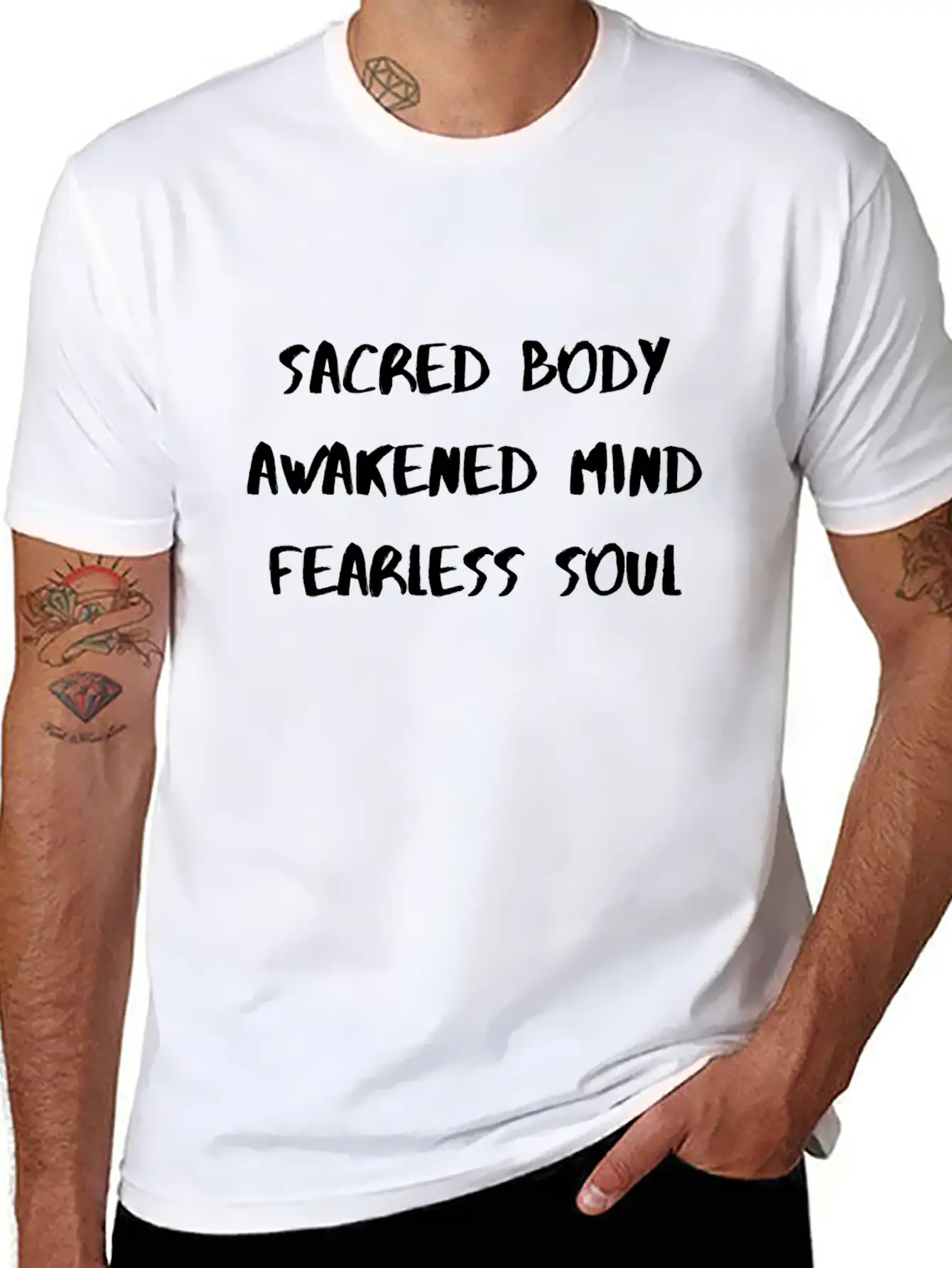 SacredBodyAwakenedMindFearlessSoul Lightweight Cotton T-Shirt – Daily Comfort Graphic Shirt