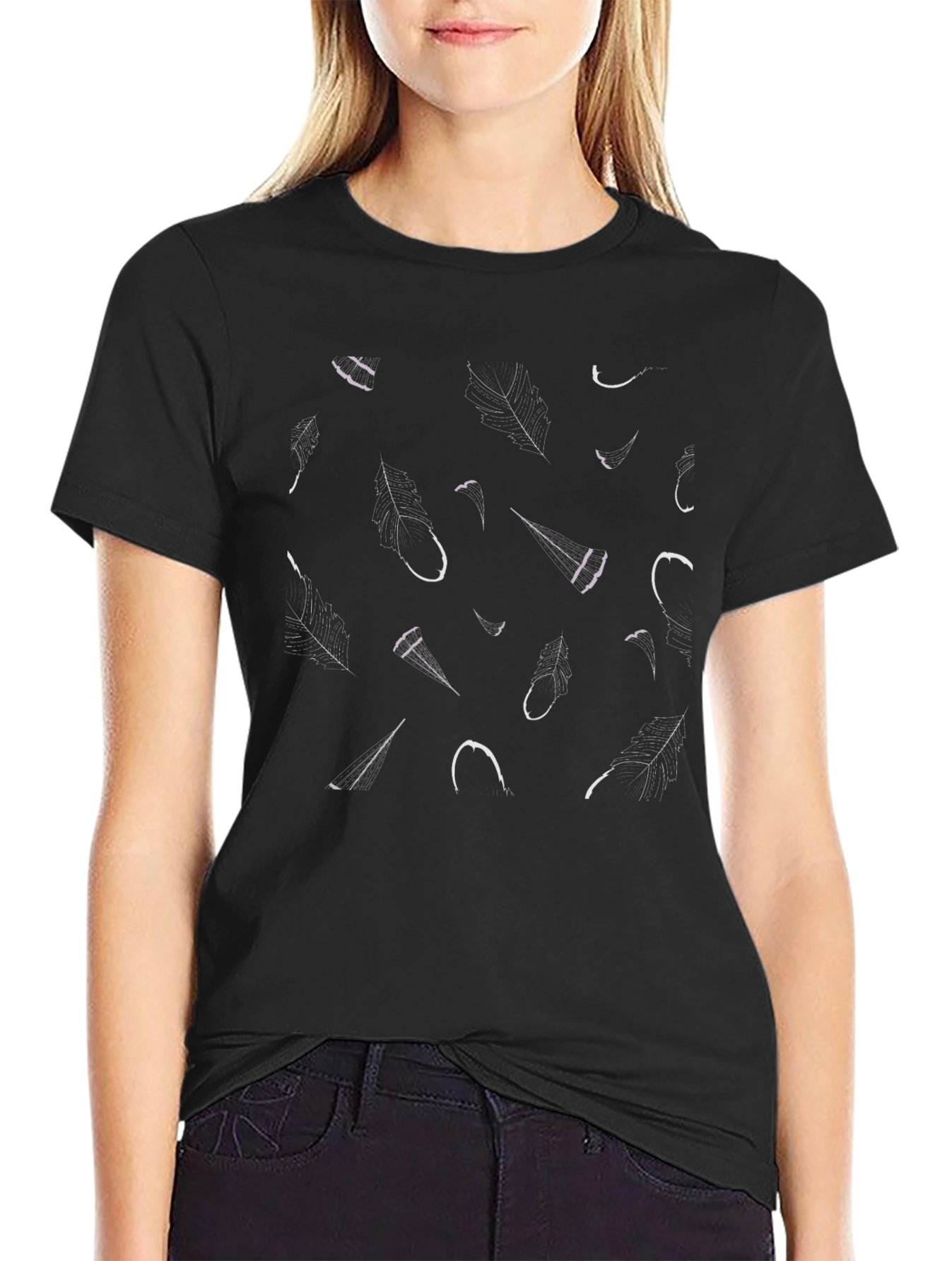Abstract Feather Print Black Casual T-Shirt
