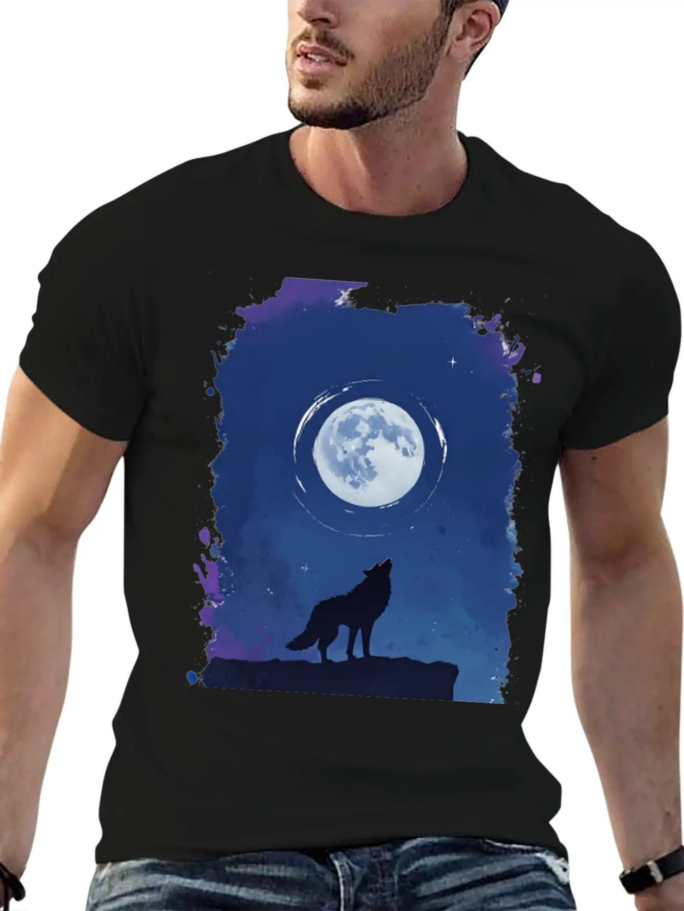 Serene Night Scene Featuring A Wolf Silhouette Lightweight Cotton T-Shirt – Daily Comfort Graphic Shirt