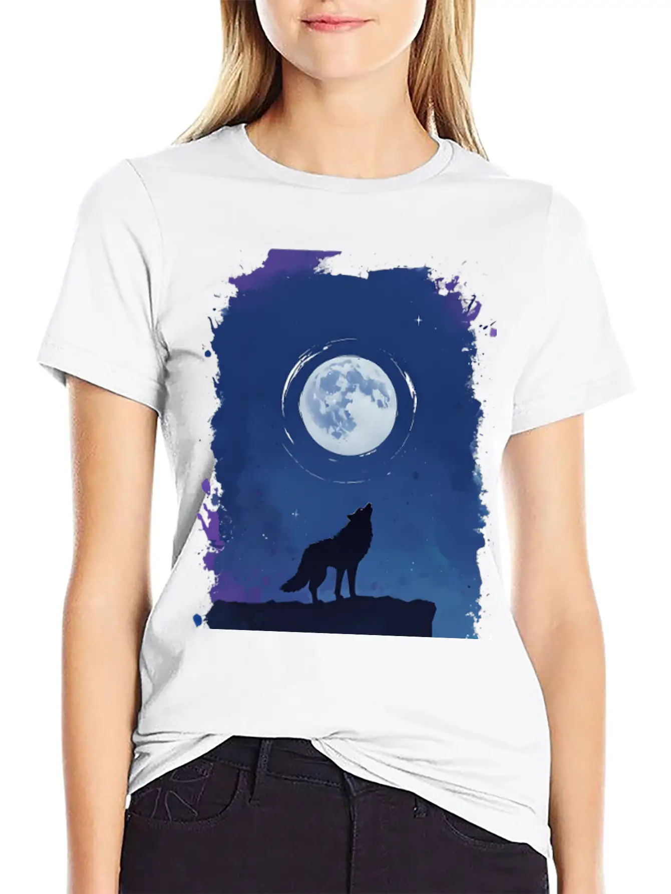 Serene Night Scene Featuring A Wolf Silhouette Lightweight Cotton T-Shirt – Daily Comfort Graphic Shirt