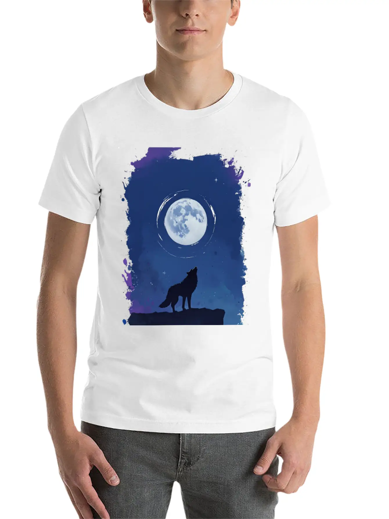 Serene Night Scene Featuring A Wolf Silhouette Lightweight Cotton T-Shirt – Daily Comfort Graphic Shirt