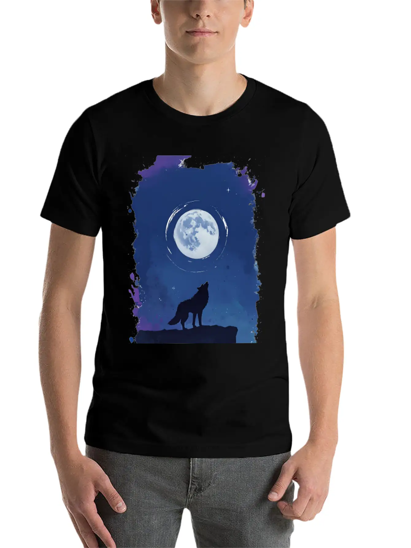 Serene Night Scene Featuring A Wolf Silhouette Lightweight Cotton T-Shirt – Daily Comfort Graphic Shirt