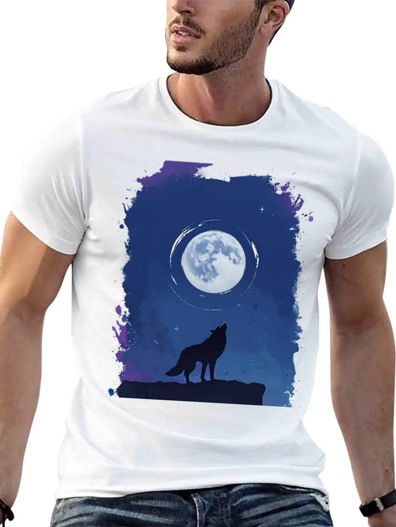 Serene Night Scene Featuring A Wolf Silhouette Lightweight Cotton T-Shirt – Daily Comfort Graphic Shirt