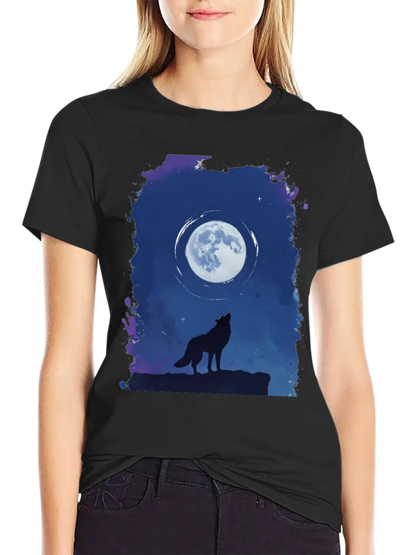 Serene Night Scene Featuring A Wolf Silhouette Lightweight Cotton T-Shirt – Daily Comfort Graphic Shirt