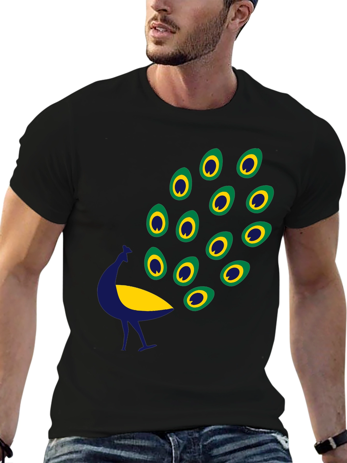 Black Graphic Tee - Peacock Design