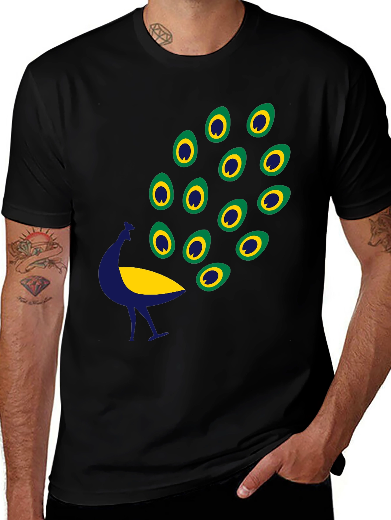 Black Graphic Tee - Peacock Design