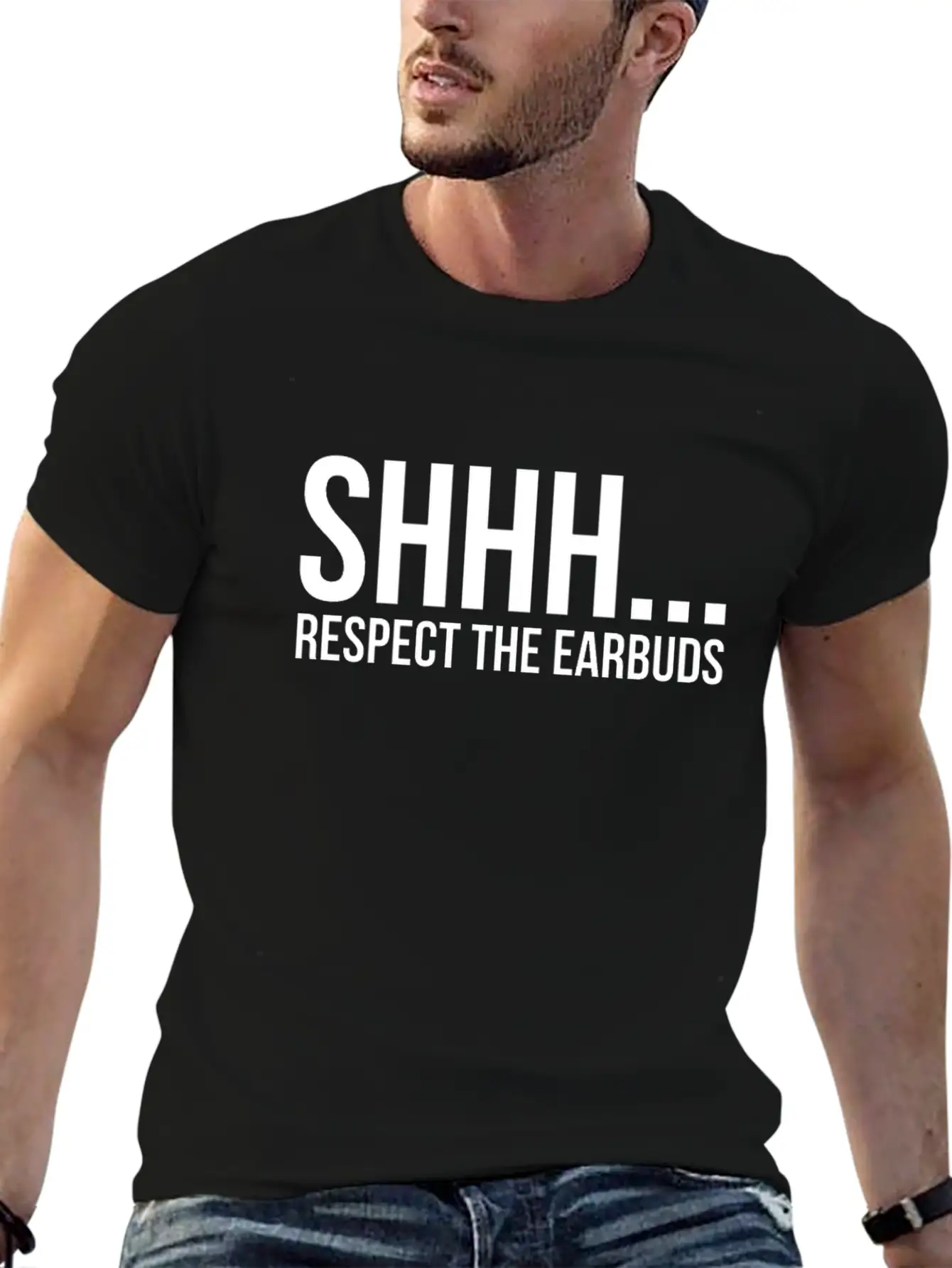 Shhhh Respect The Earbuds Silly Rude Antisocial Lightweight Cotton T-Shirt – Daily Comfort Graphic Shirt