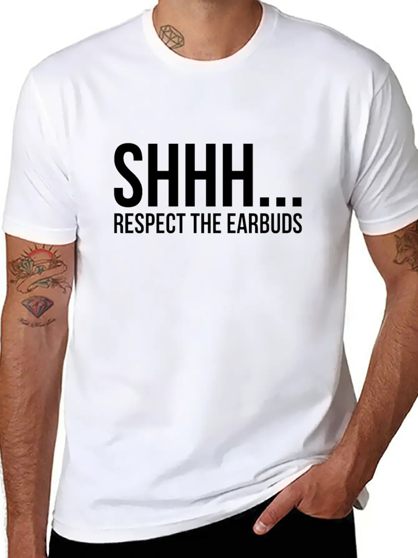 Shhhh Respect The Earbuds Silly Rude Antisocial Lightweight Cotton T-Shirt – Daily Comfort Graphic Shirt