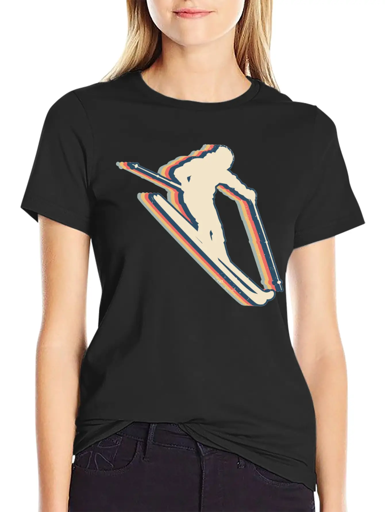 Skiing Ski Skier Retro Line Art Lightweight Cotton T-Shirt – Daily Comfort Graphic Shirt