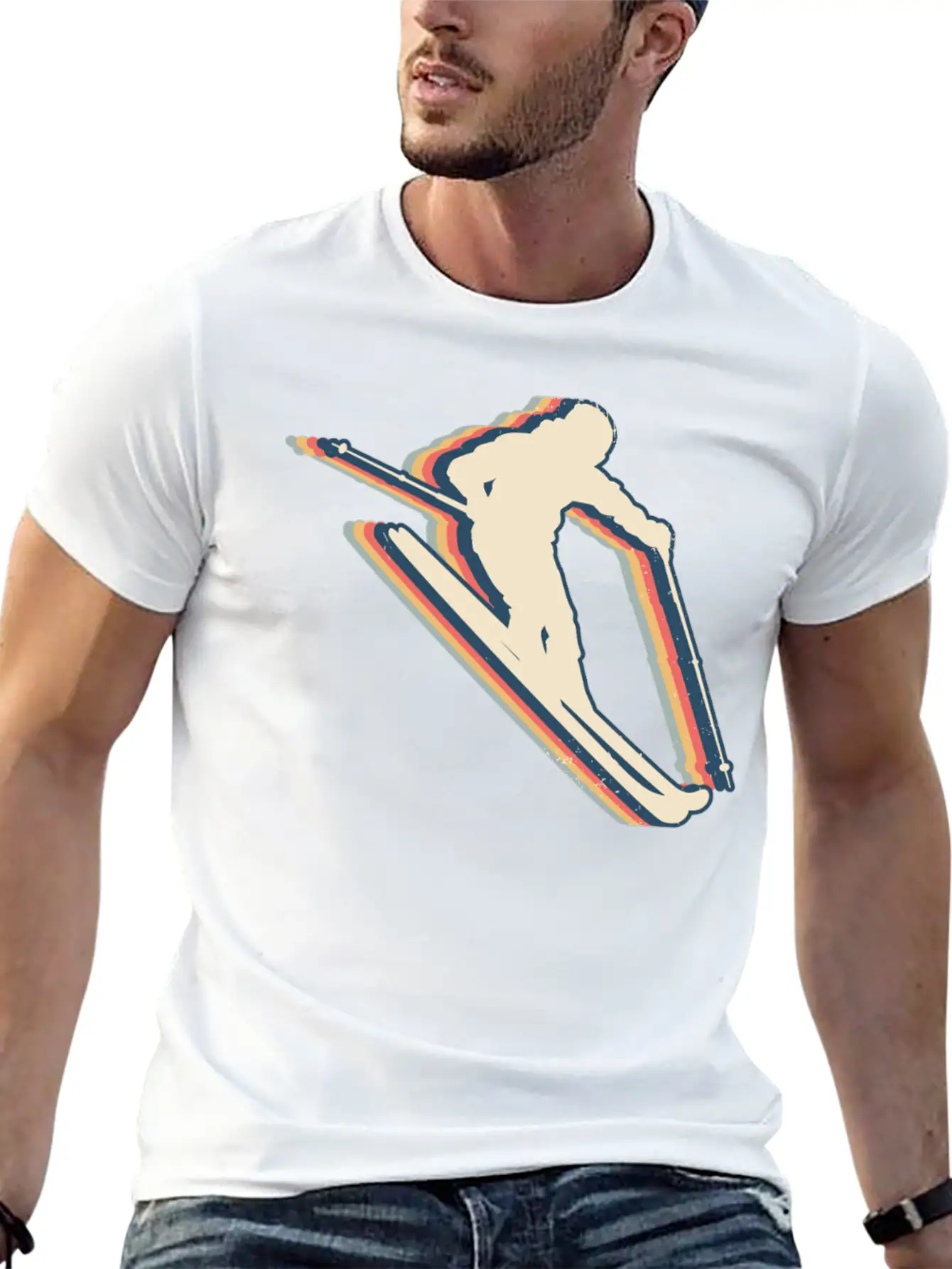 Skiing Ski Skier Retro Line Art Lightweight Cotton T-Shirt – Daily Comfort Graphic Shirt