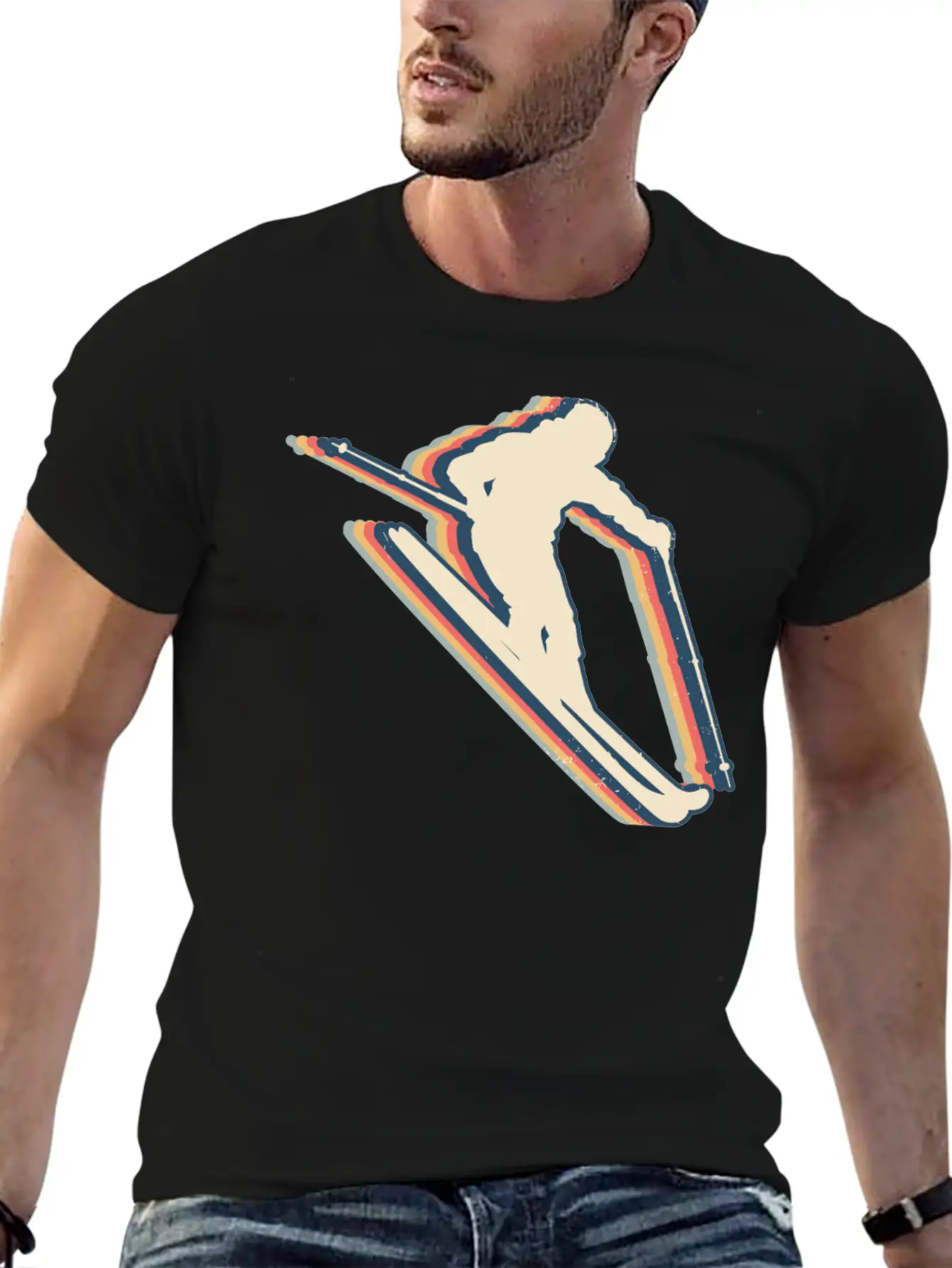 Skiing Ski Skier Retro Line Art Lightweight Cotton T-Shirt – Daily Comfort Graphic Shirt