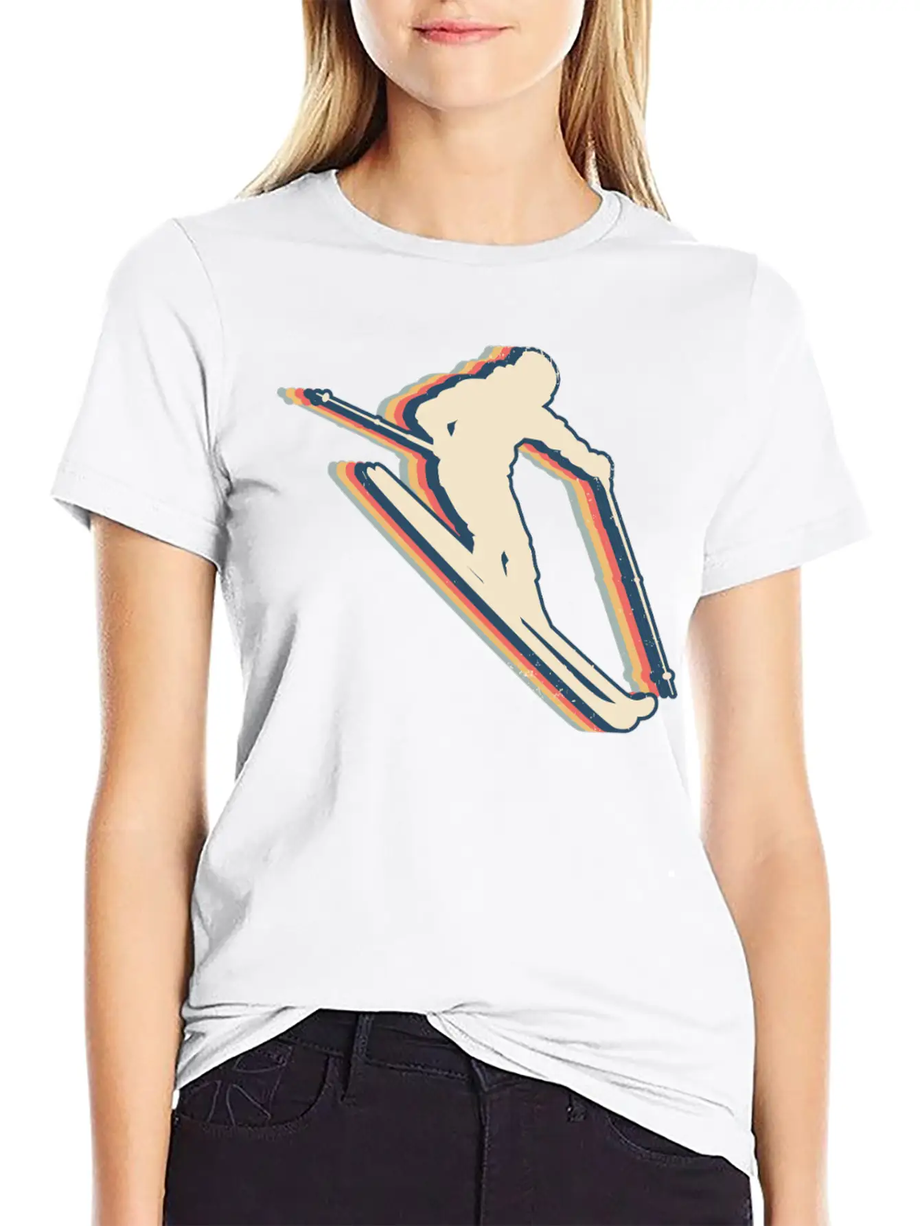Skiing Ski Skier Retro Line Art Lightweight Cotton T-Shirt – Daily Comfort Graphic Shirt
