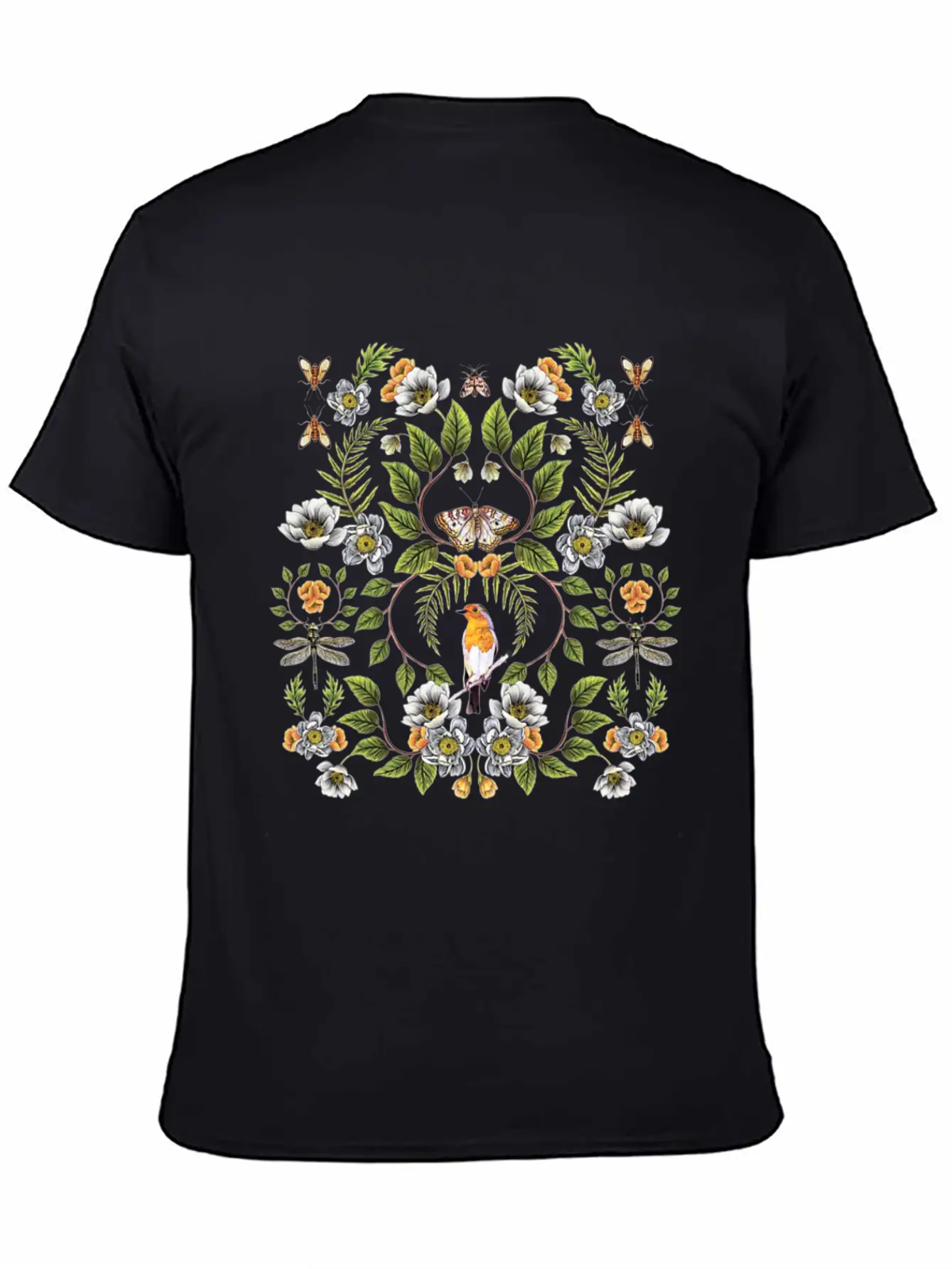 Spring Reflection Floral Birds, Moths, Dragonflies Lightweight Cotton T-Shirt – Daily Comfort Graphic Shirt