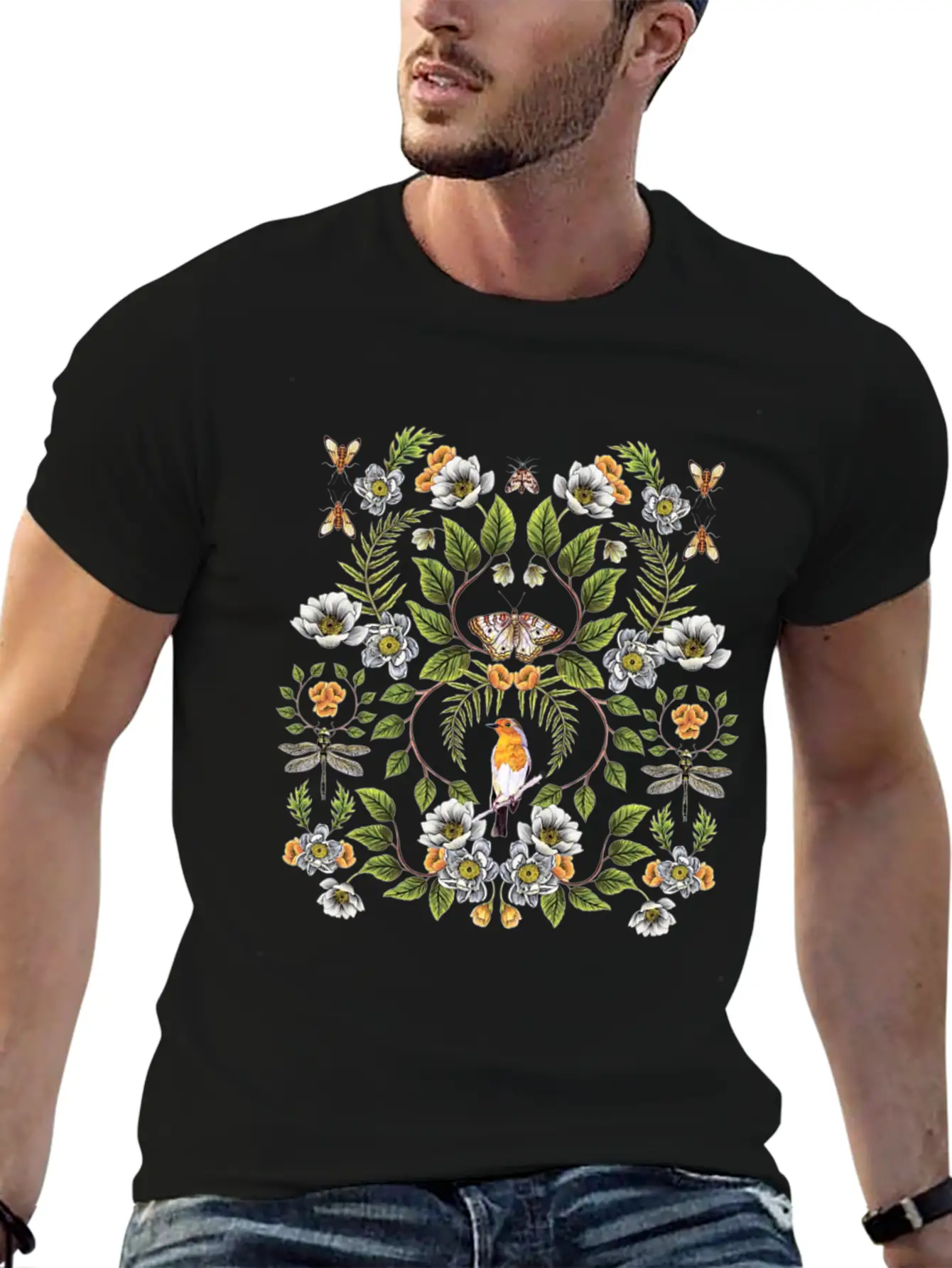 Spring Reflection Floral Birds, Moths, Dragonflies Lightweight Cotton T-Shirt – Daily Comfort Graphic Shirt