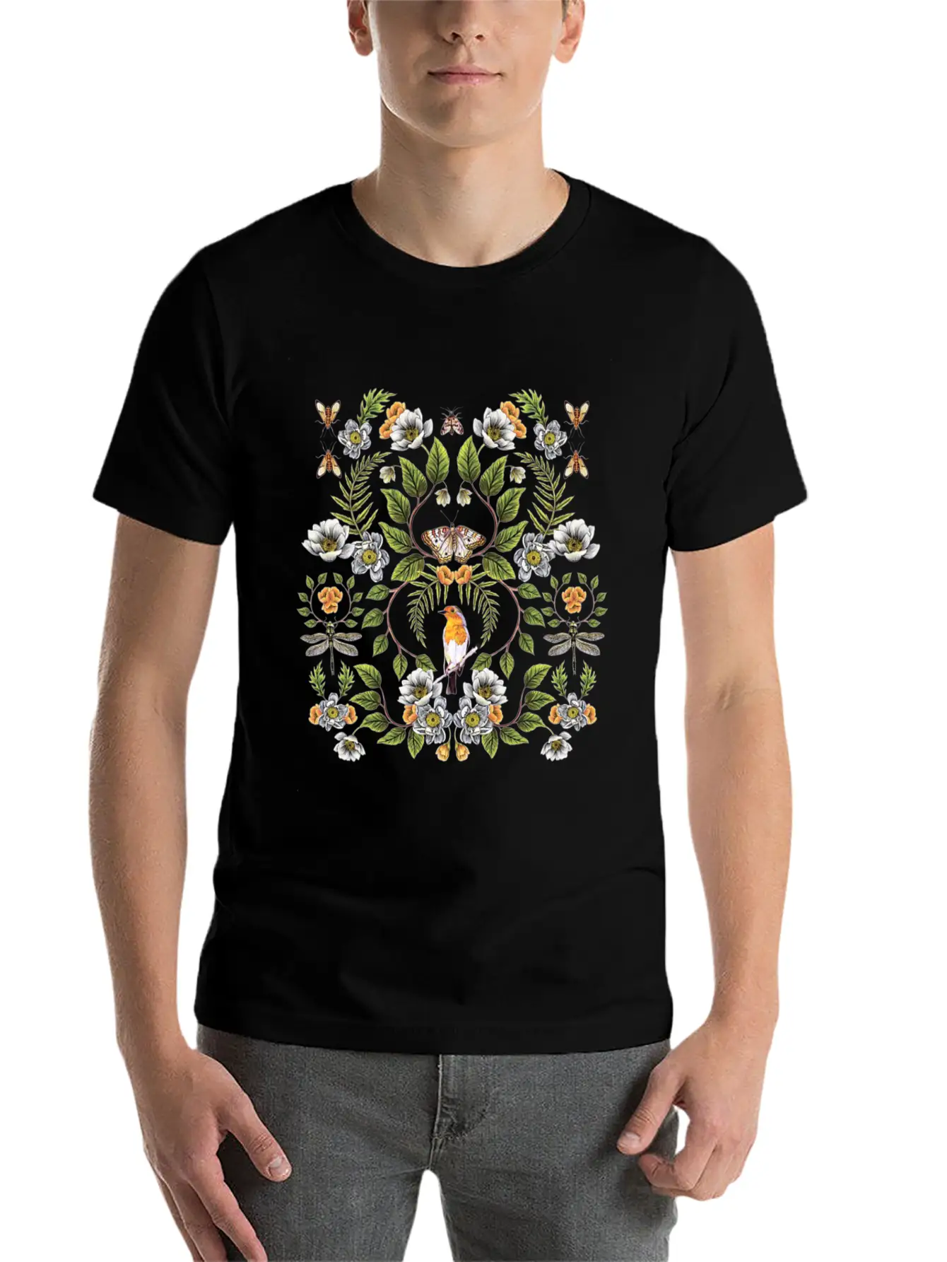 Spring Reflection Floral Birds, Moths, Dragonflies Lightweight Cotton T-Shirt – Daily Comfort Graphic Shirt