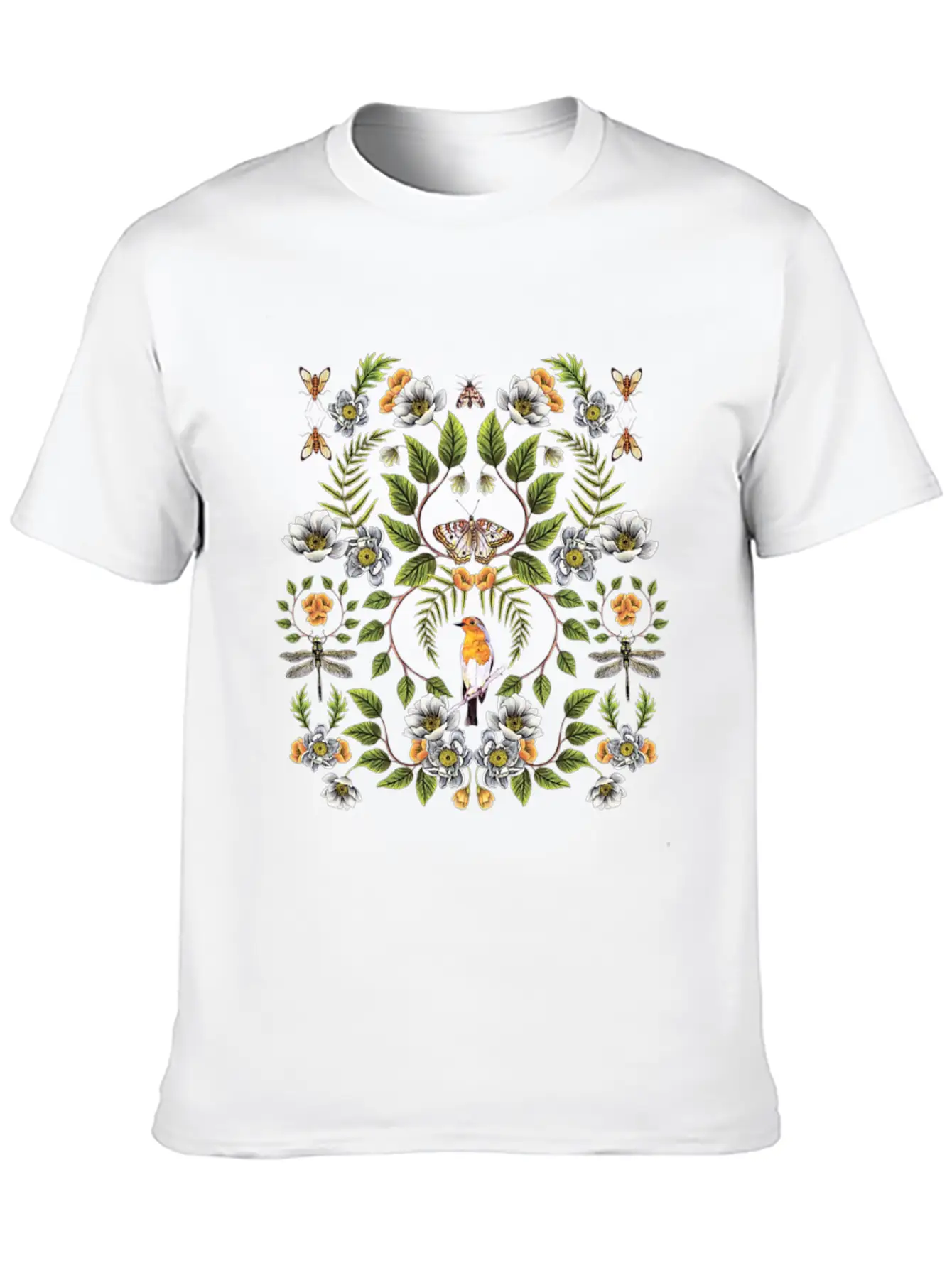 Spring Reflection Floral Birds, Moths, Dragonflies Lightweight Cotton T-Shirt – Daily Comfort Graphic Shirt