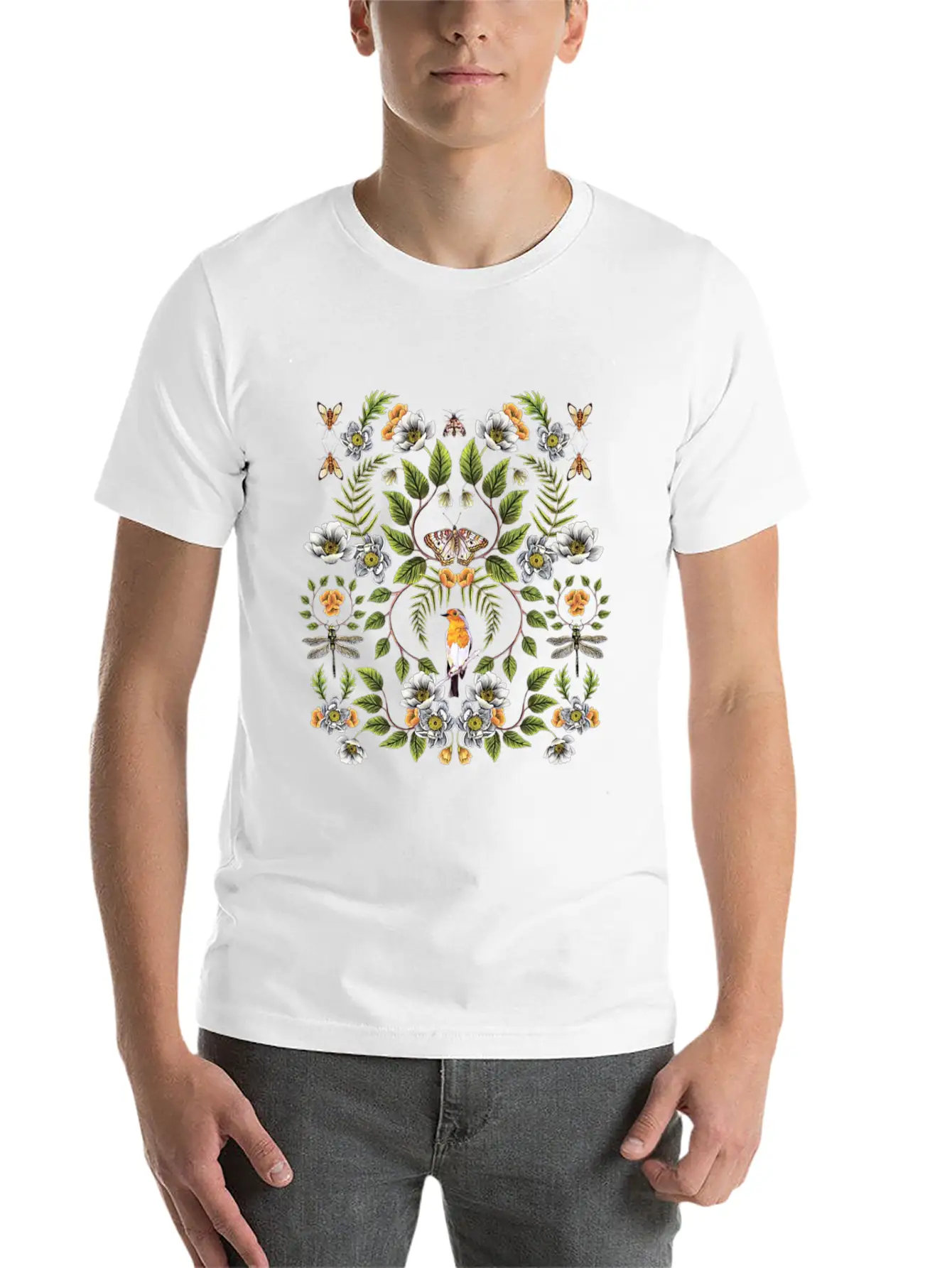Spring Reflection Floral Birds, Moths, Dragonflies Lightweight Cotton T-Shirt – Daily Comfort Graphic Shirt