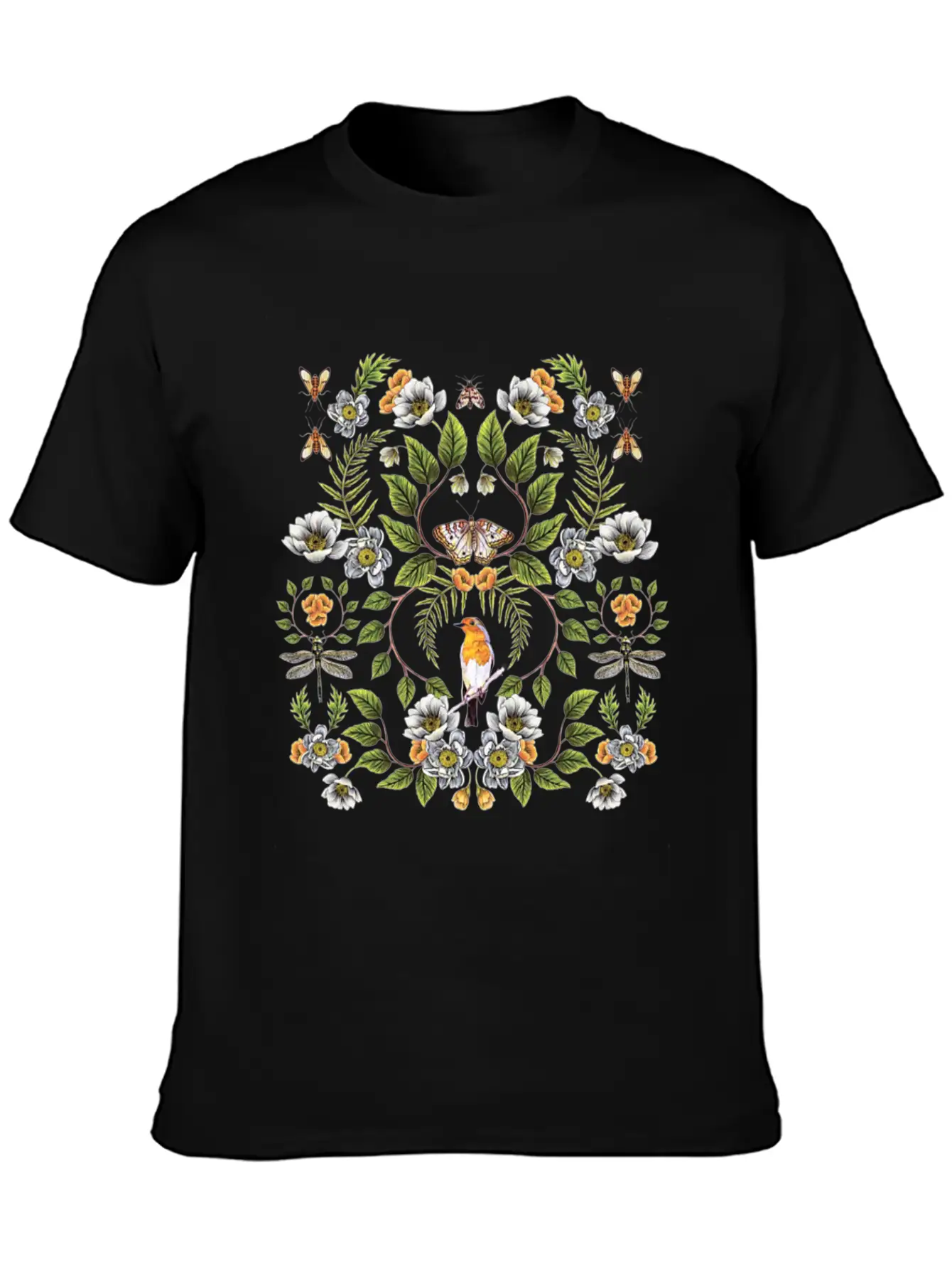 Spring Reflection Floral Birds, Moths, Dragonflies Lightweight Cotton T-Shirt – Daily Comfort Graphic Shirt