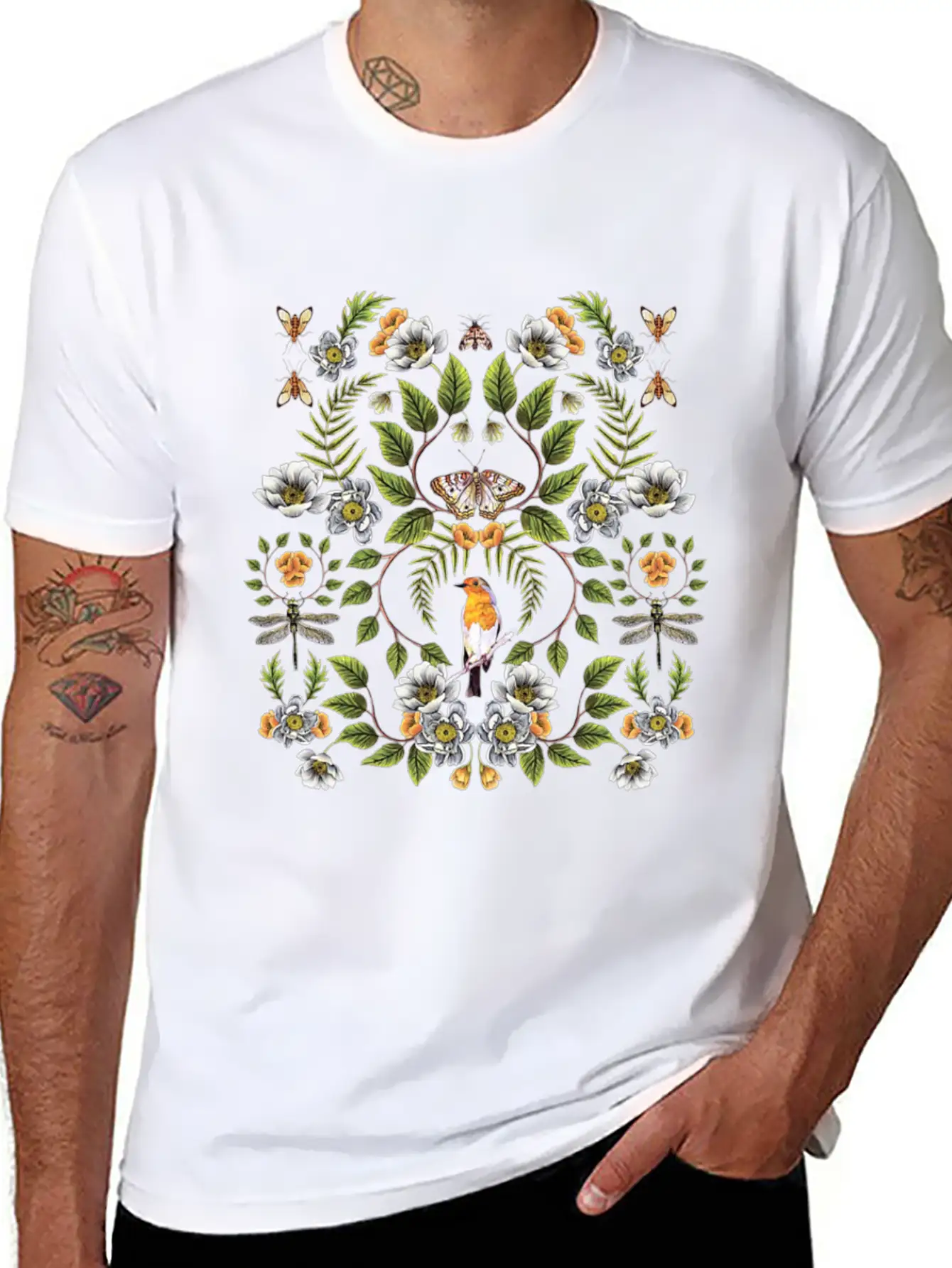 Spring Reflection Floral Birds, Moths, Dragonflies Lightweight Cotton T-Shirt – Daily Comfort Graphic Shirt