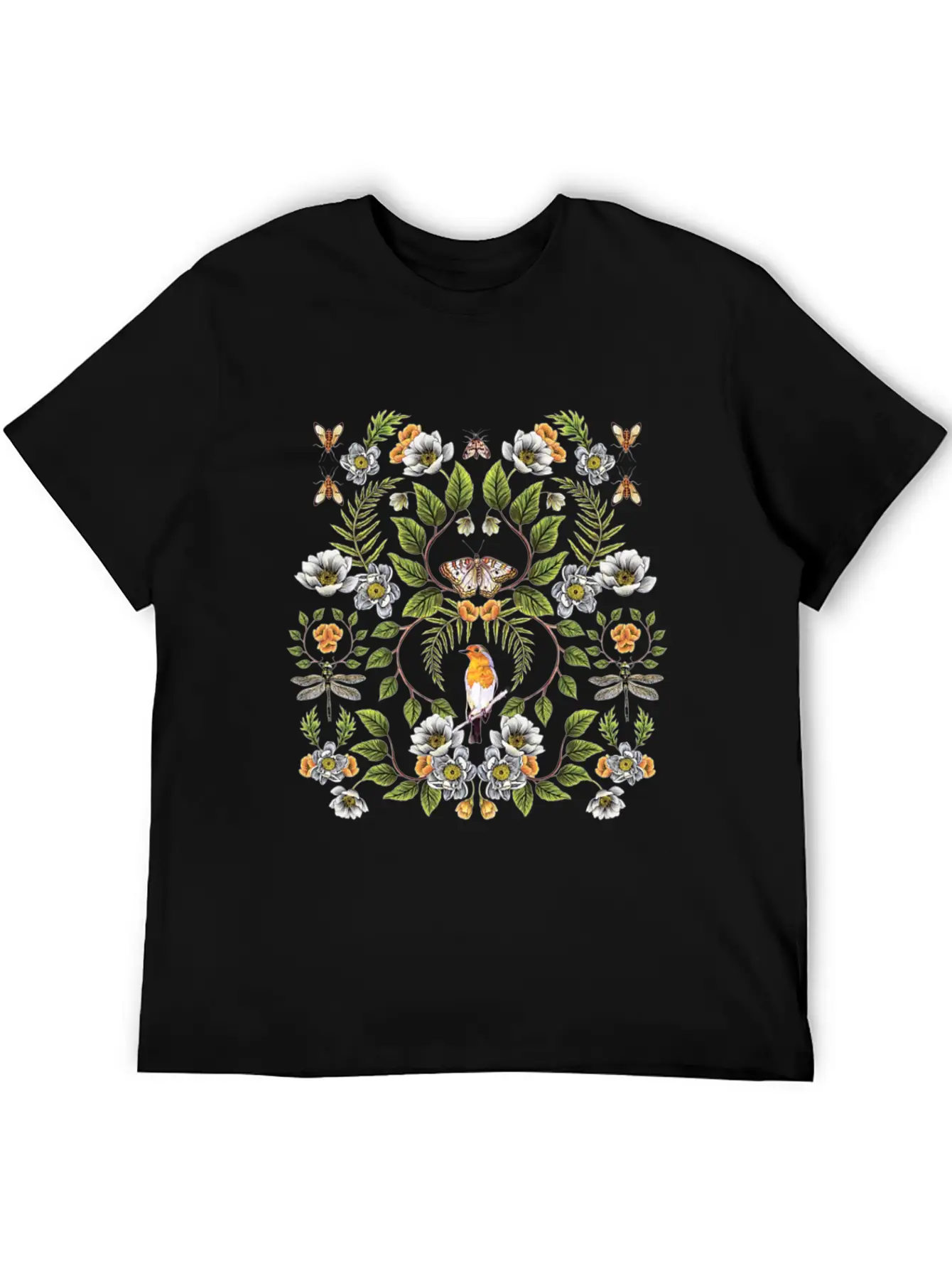 Spring Reflection Floral Birds, Moths, Dragonflies Lightweight Cotton T-Shirt – Daily Comfort Graphic Shirt