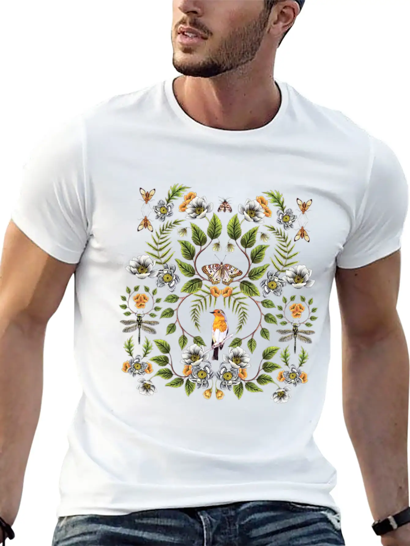 Spring Reflection Floral Birds, Moths, Dragonflies Lightweight Cotton T-Shirt – Daily Comfort Graphic Shirt