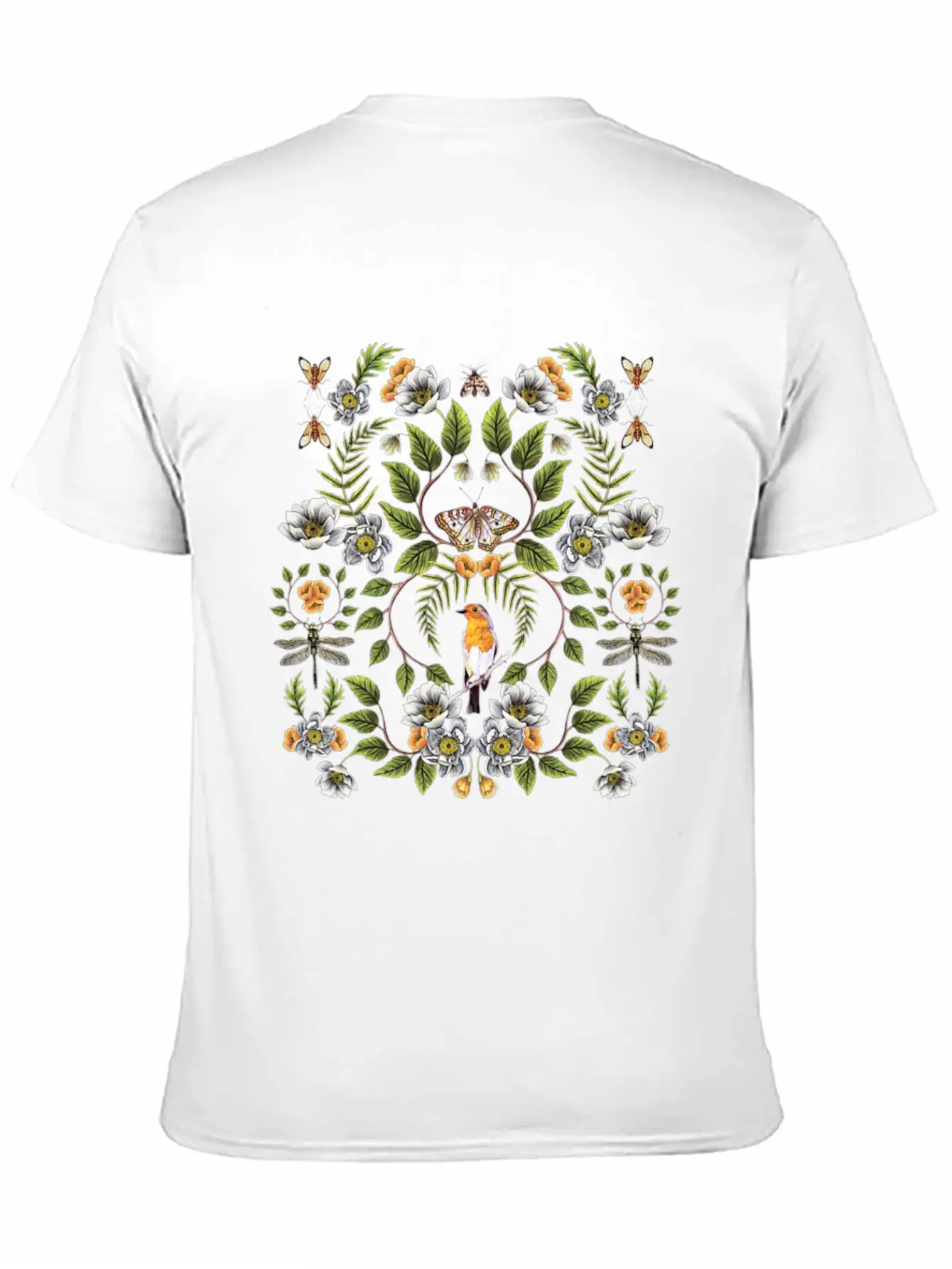 Spring Reflection Floral Birds, Moths, Dragonflies Lightweight Cotton T-Shirt – Daily Comfort Graphic Shirt