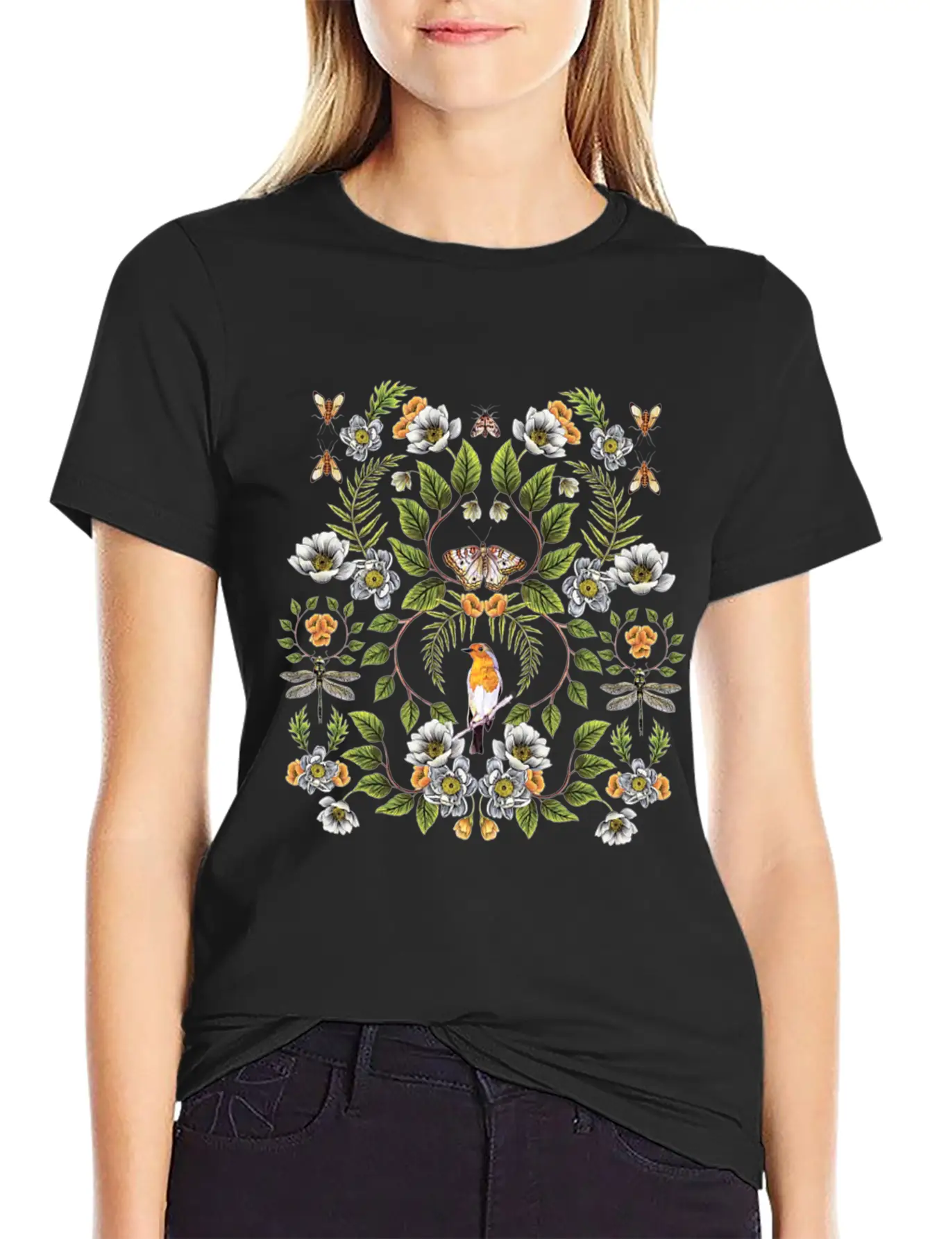 Spring Reflection Floral Birds, Moths, Dragonflies Lightweight Cotton T-Shirt – Daily Comfort Graphic Shirt